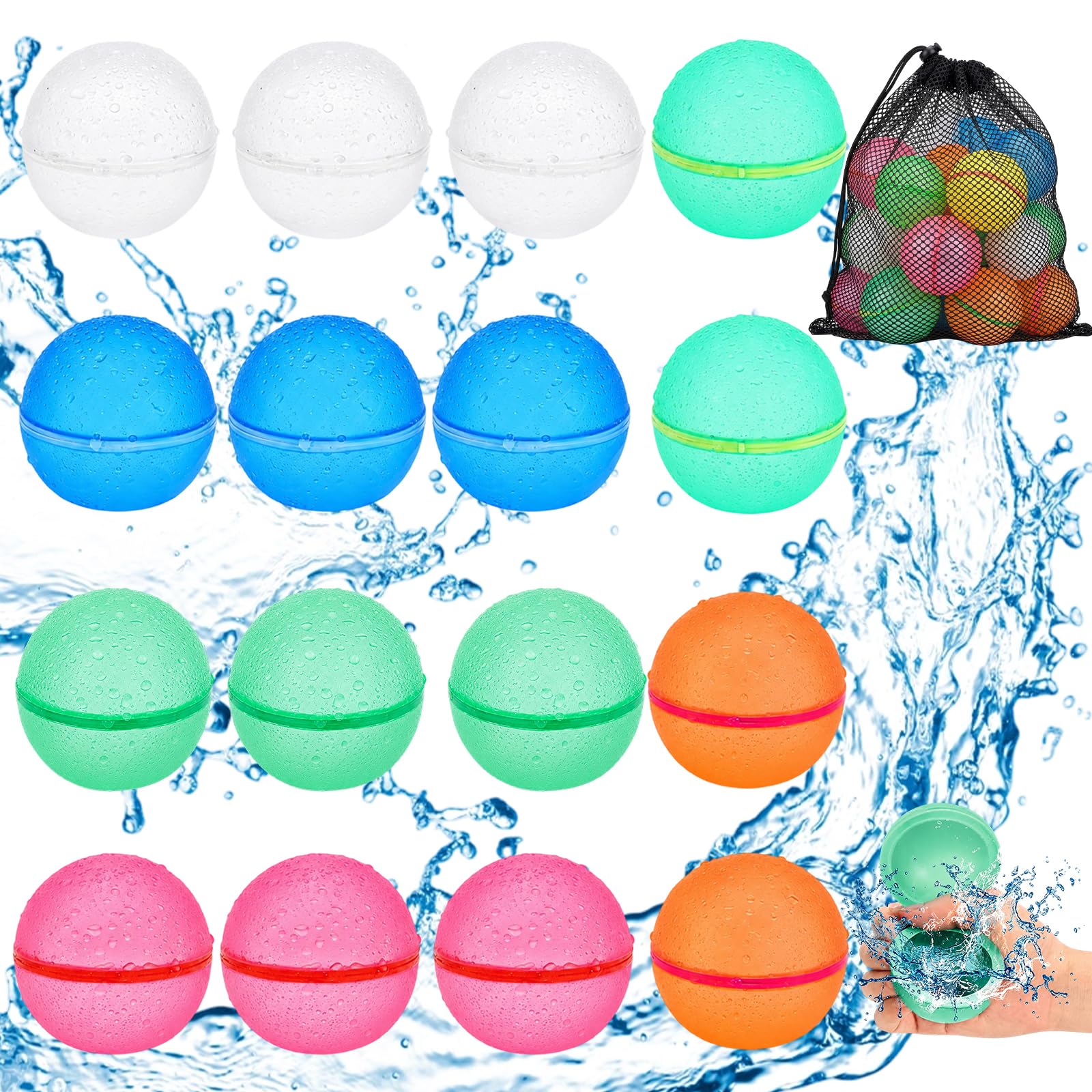 17Pcs Reusable Water Balloons, Leakproof Water Bombs with Secure Closure for Summer Pool Parties, Family Gatherings and Outdoor Water Games ﻿