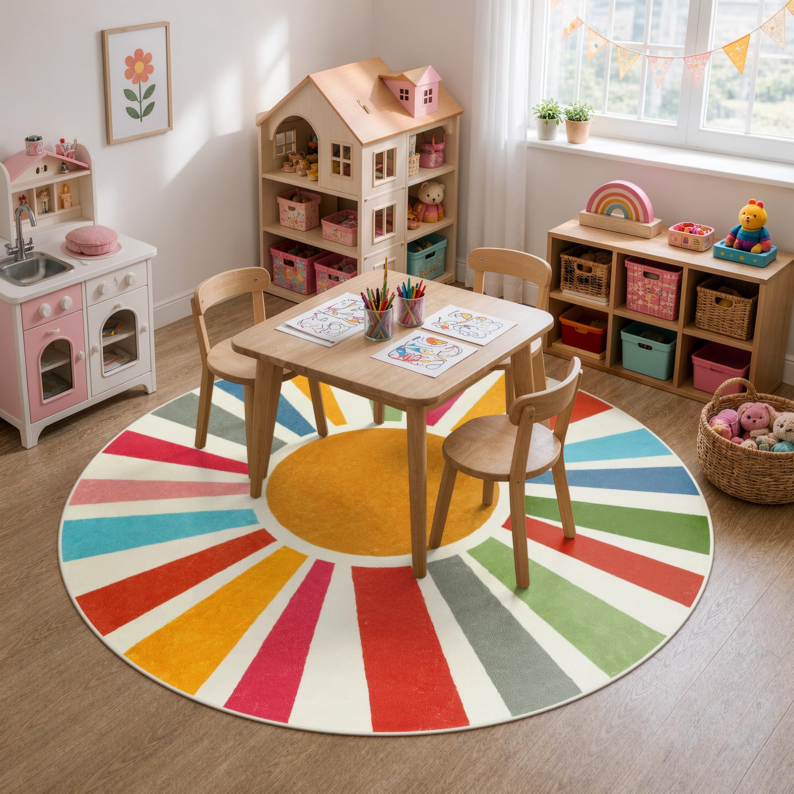 STARUIA Boho-Teppich, waschbar, 152 cm, runder Teppich für Schlafzimmer, Regenbogen-Kreis, Kinderteppiche für Büro, rutschfester Kreis-Teppich, weiche Sonnenschein-Teppiche für Schlafsaal