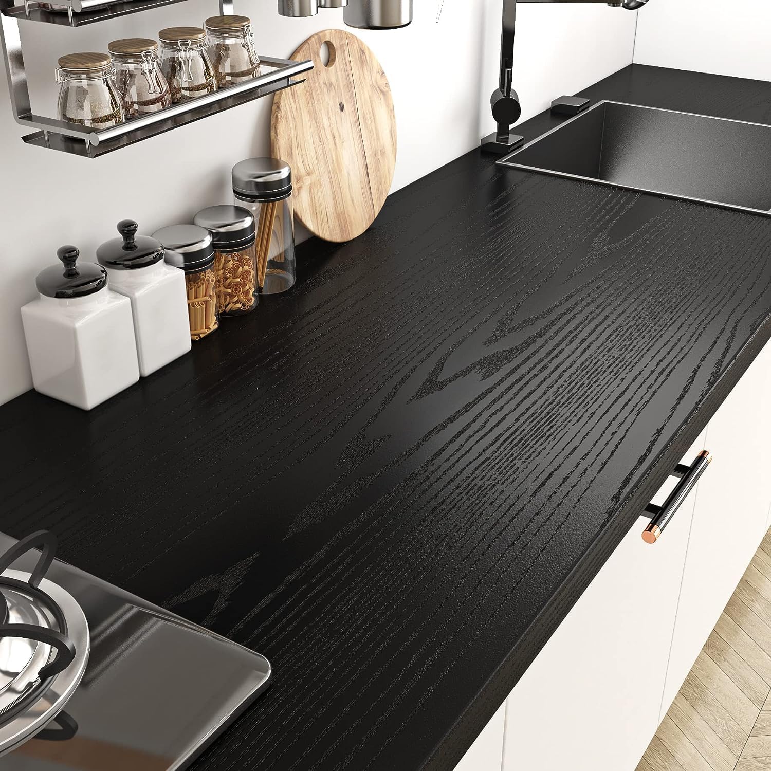 Livelynine 36 X 197 Inch Large Black Wood Contact Paper for Countertops Waterproof Kitchen Counter Top Cover Wood Grain Wallpaper Peel and Stick Vinyl Self Adhesive Countertop Covering Laminate Wrap 197" x 36"