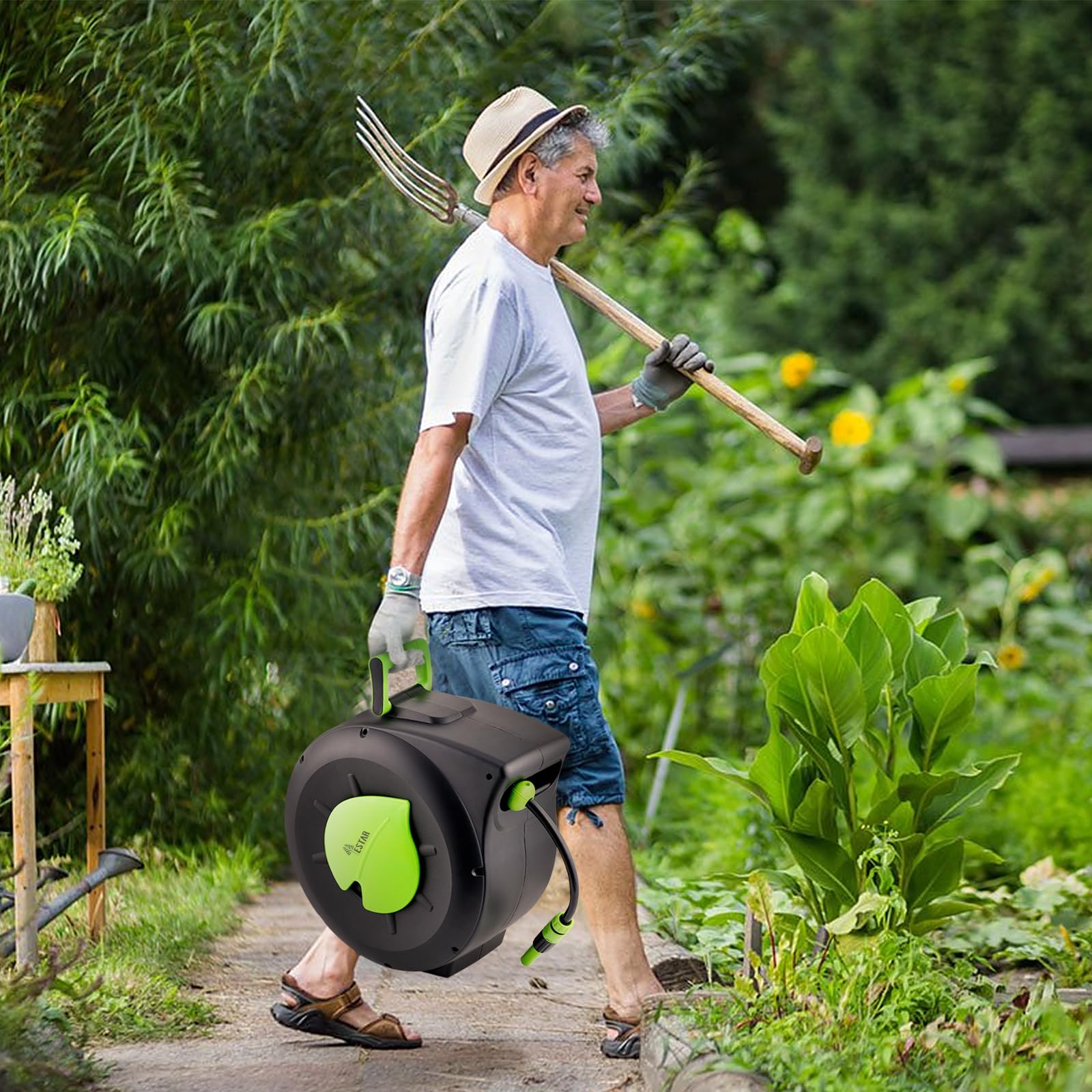 Avvolgitubo da 20 m + 2 m, montaggio a parete, con avvolgitubo automatico e orientabile a 180°, con siringa e aiuto per il montaggio, per irrigazione del giardino e lavaggio auto