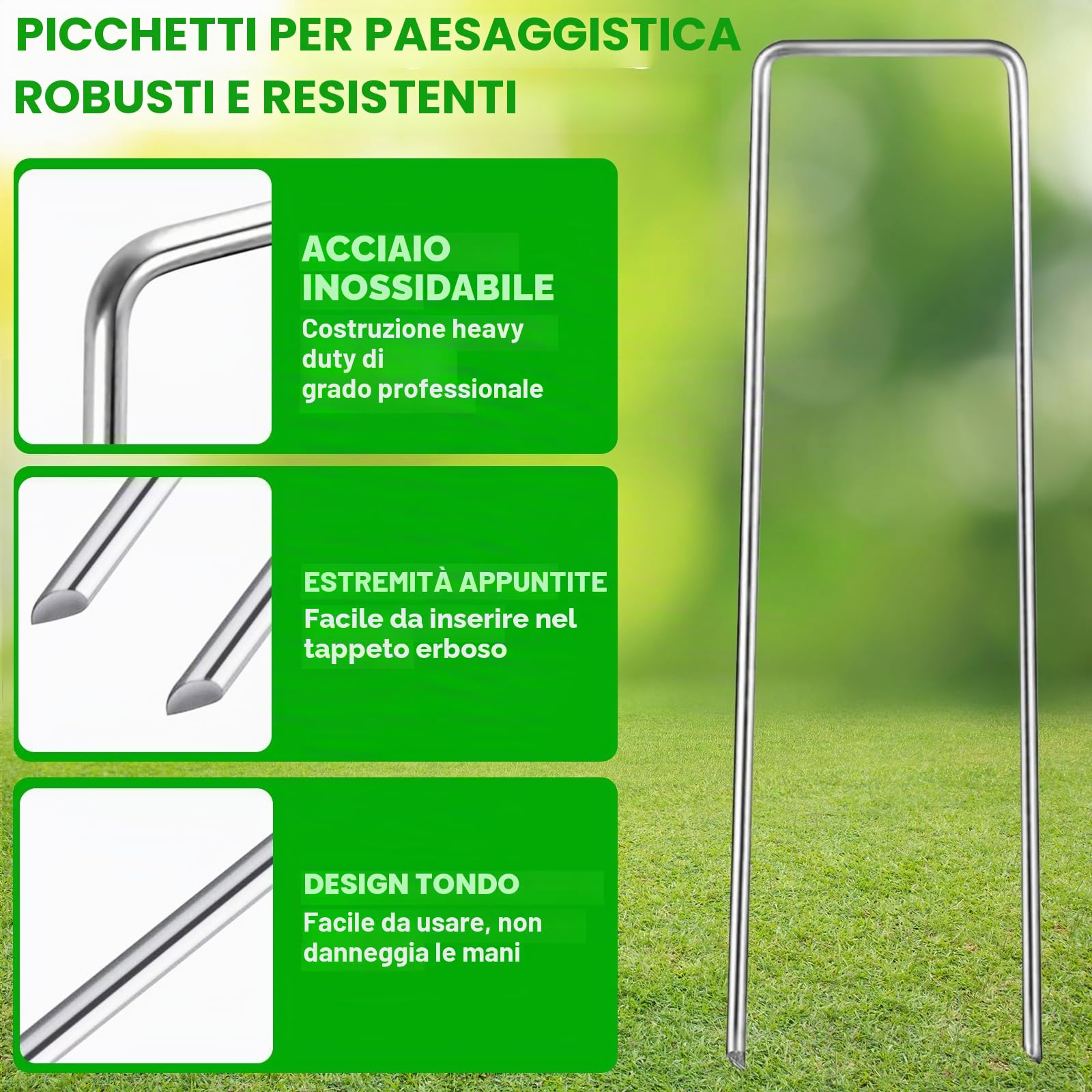 Picchetti Giardino, Picchetti Telo Pacciamatura, 100 Unità + 100 Rondelle +1 Gancio, 150x30x3mm, Da Campeggio, Tenda, in Acciaio, Erba Artificiale, Fissaggio per Campeggio