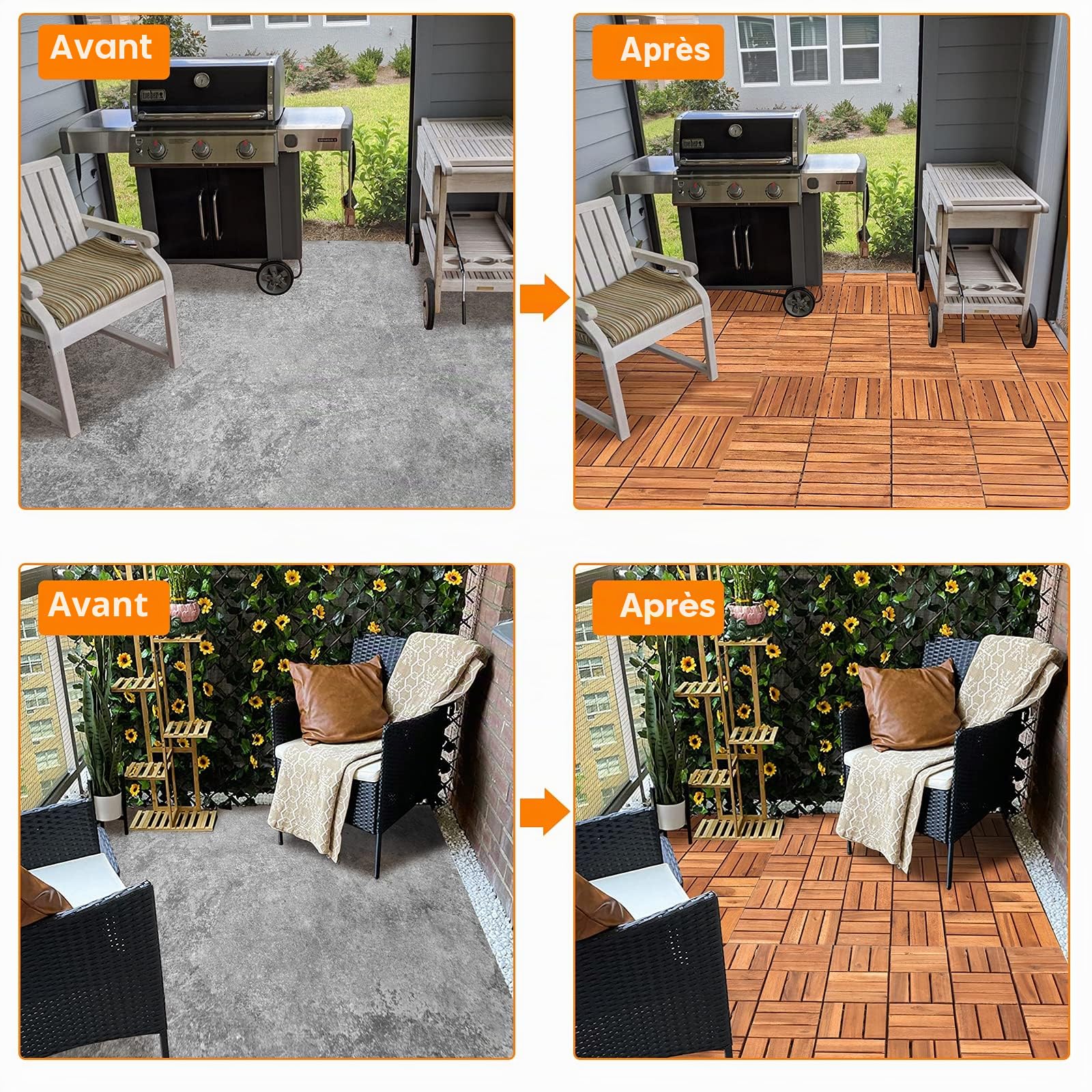 Lospitch Dalles Terrasse exterieur en bois d'acacia 30x30 cm, Dalles Clipsables, Parfait Caillebotis exterieur Pour Patio Balcon terrasse jardin(6 Lattes | 11 pièces | 1m²)