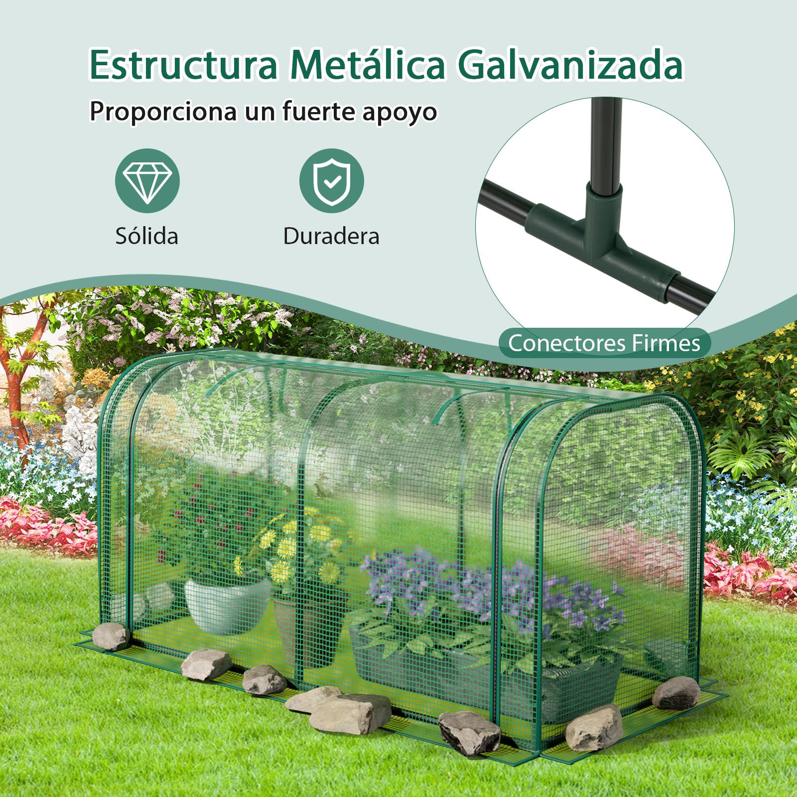 GOPLUS Mini Invernadero Portátil, 118 x 55 x 60 cm, Invernadero Exterior con Puerta Enrollable, Estacas de Tierra, Estructura de Metal, Cubierta PE Impermeable, para Verduras Flores Plantas (Verde)