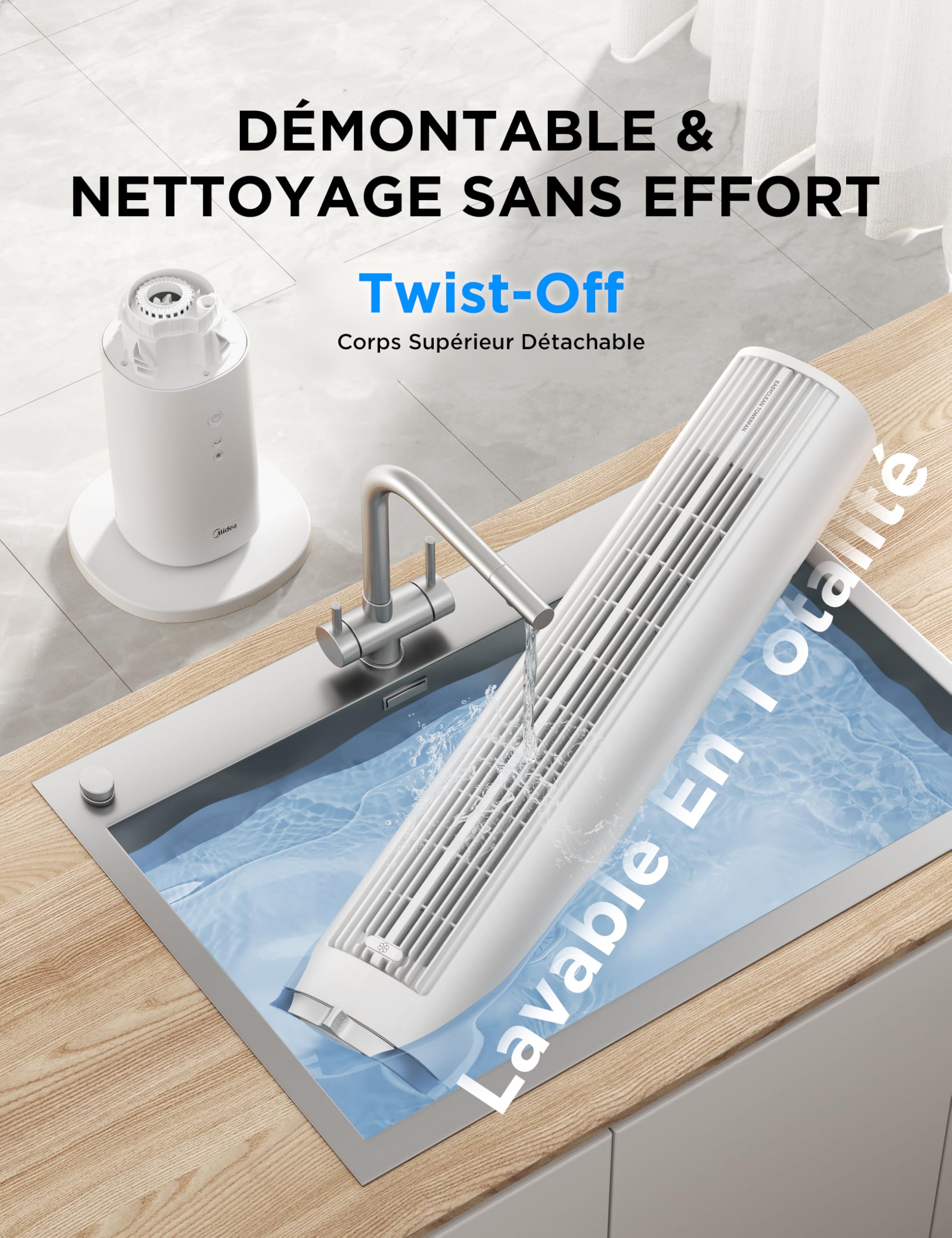 Midea Ventilateur Tour Blanc 103cm pour Chambre, Refroidissement Puissant 9m/s, Omni-Télécommande, Oscillation 90° avec Design Innovant Détachable et Lavable, 4 Vitesses, Minuterie 7H, 28 dB