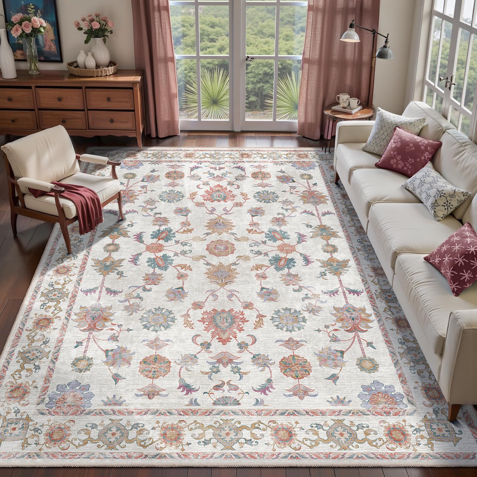 Tangsoo Washable Area Rug, 8x10 Pottery Barn Neutral Floral Large Rugs for Bedroom Living Room, Vintage Boho Non Slip Low Pile Beige Carpet for Farmhouse Nursery Office Laundry, Pet & Child Friendly