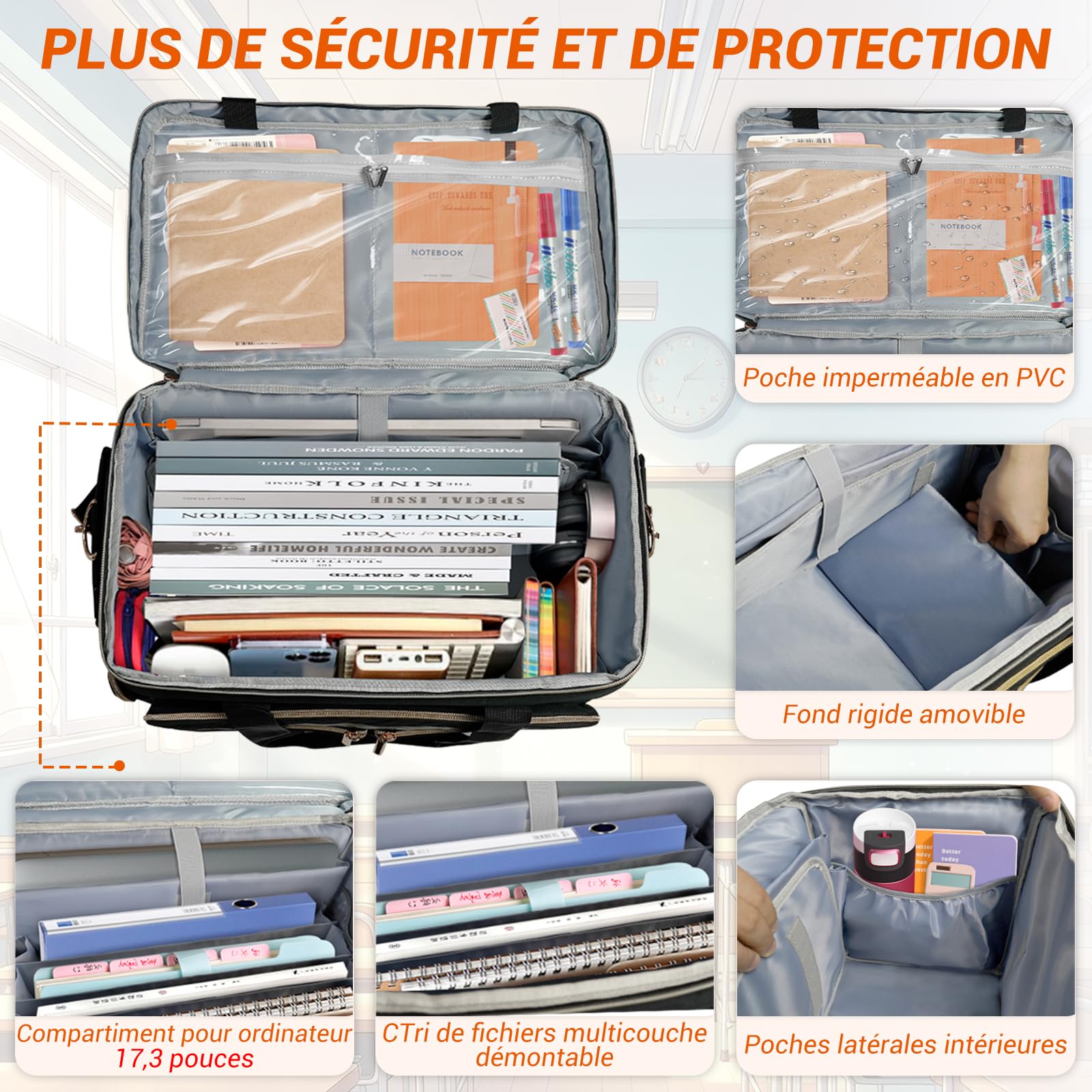 SUNDOY Sac de Travail à roulettes pour Enseignants, Noir - Pied-de-Poule | Sac à Ordinateur Portable jusqu'à 17,3 Pouces, Compartiment Extensible
