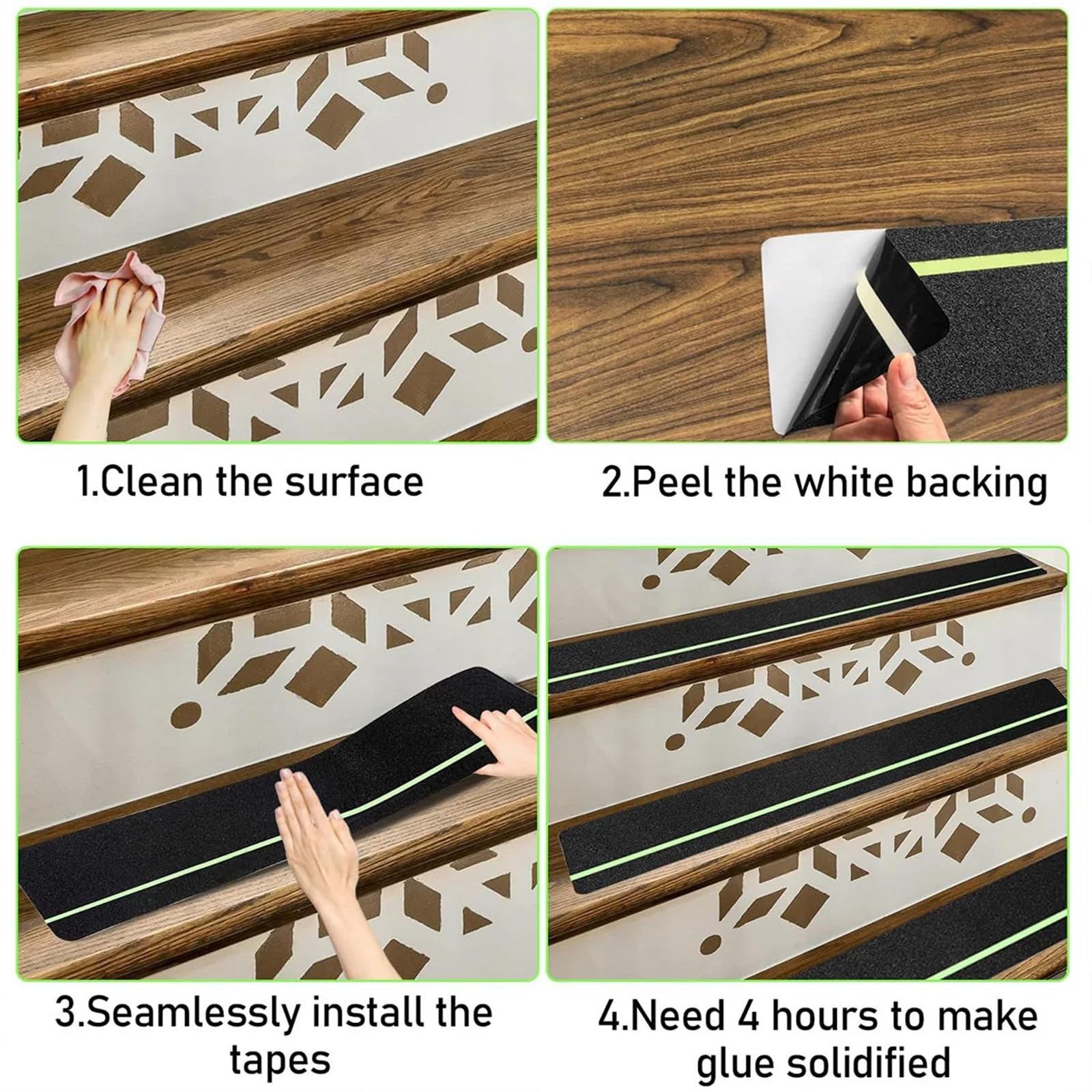 Cinta Antideslizante Cinta de tracción antideslizante que brilla en la oscuridad, con rayas verdes y adhesivo abrasivo de fricción for escalones de escalera, for interiores y exteriores.(Black 10pc)