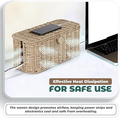 Miniatura 6 de BLUEWEST Caja grande de organización de cables, cajas organizadoras de cables de ratán natural para regleta de alimentación  2 ranuras abiertas para