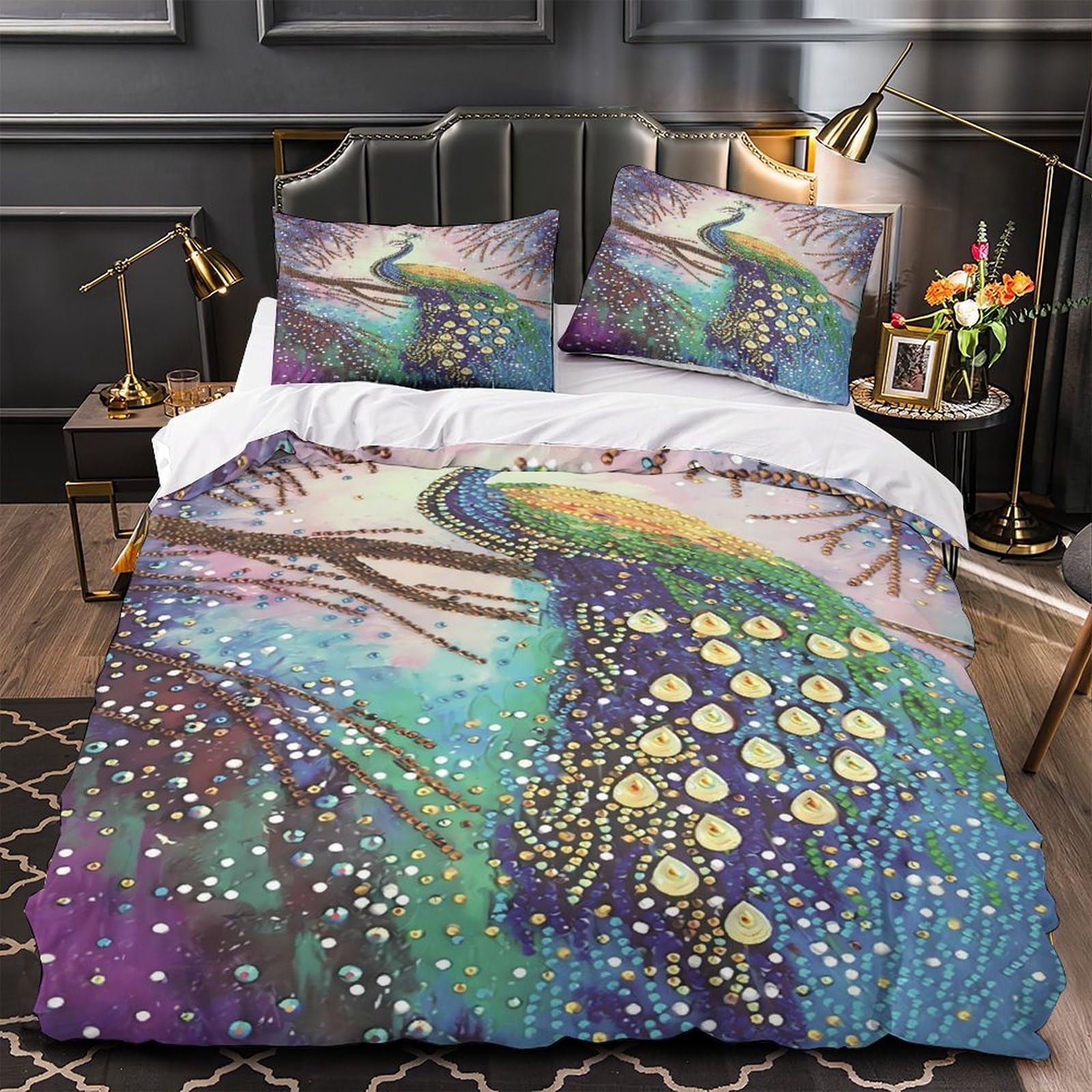 Housse de couette paon 3D hypoallergénique et thermorégulatrice microfibre