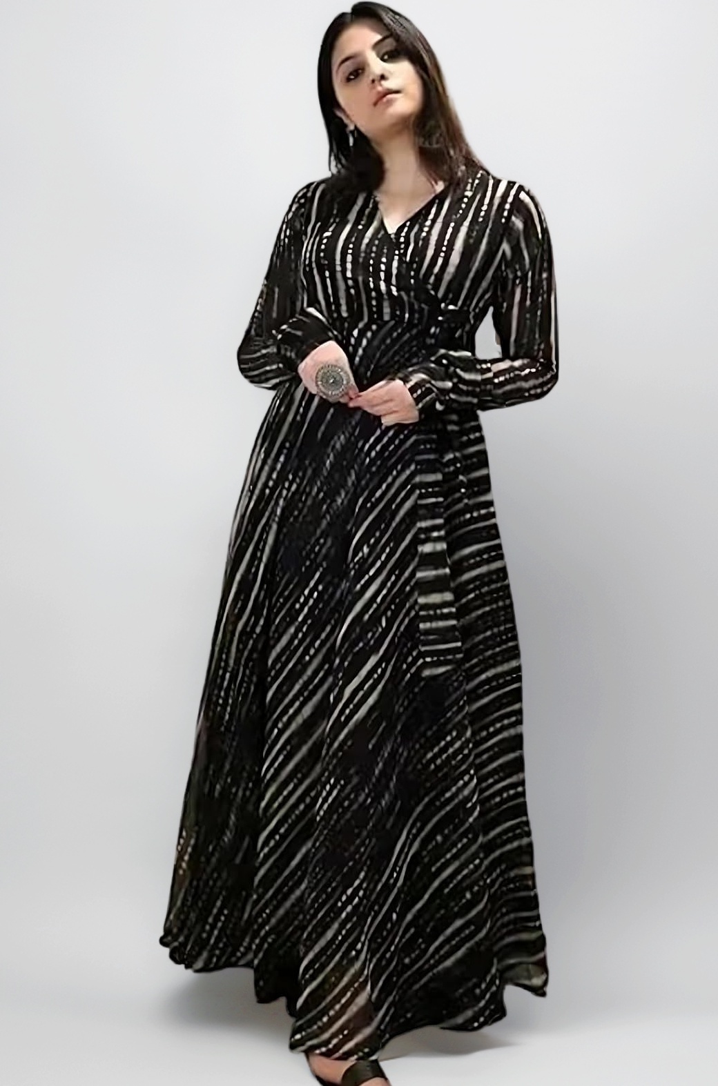 Fashion2wear Women's Georgette Anarkali Dress with Full Sleeves Floral Printed Knee Length Regular Fit and A Line Style