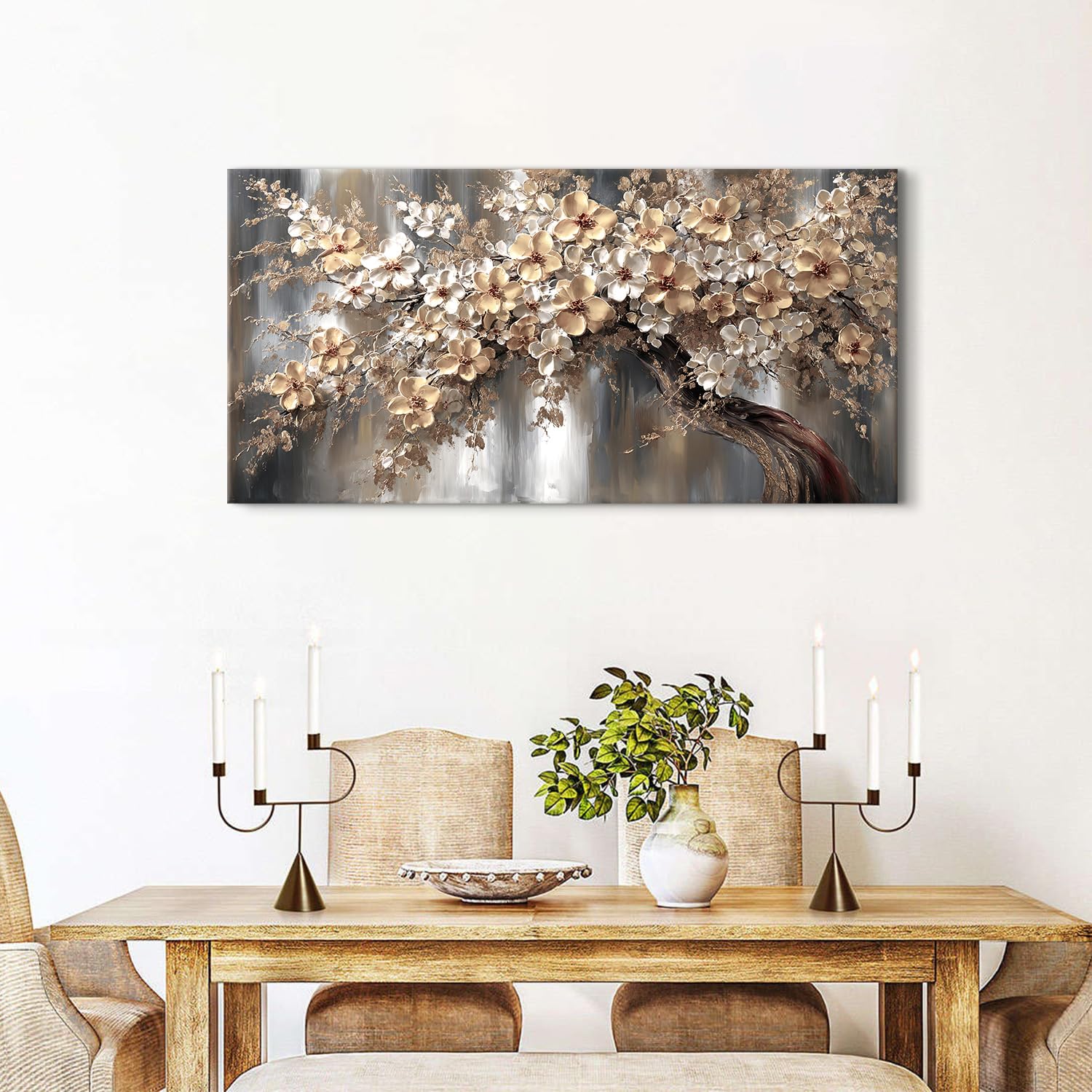 AREBOLO Baum des Lebens Leinwandbild 50x100 cm XL, Vintage Luxus Wanddeko Blumen Natur Wandbilder, Kunstdruck Canvas für Wohnzimmer Schlafzimmer Esszimmer, Weiß Gold Beige Wanddekoration als Geschenk