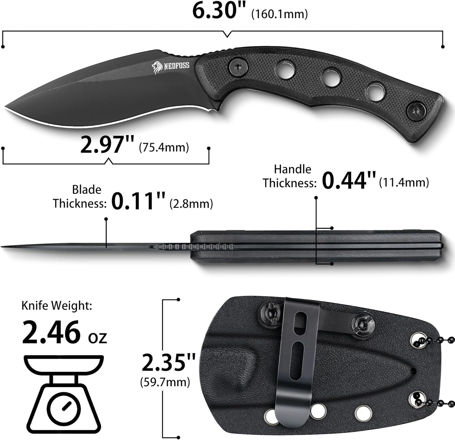 NedFoss Squirrel Small EDC Fixed Blade Knife, 2.97" Neck Knife with Sheath, Full Tang Vertical Horizontal Carry Knife with G10 Handle, Belt Clip, Outdoor Tactical Mini Kukri Knives, Father Day Gifts for Men Women