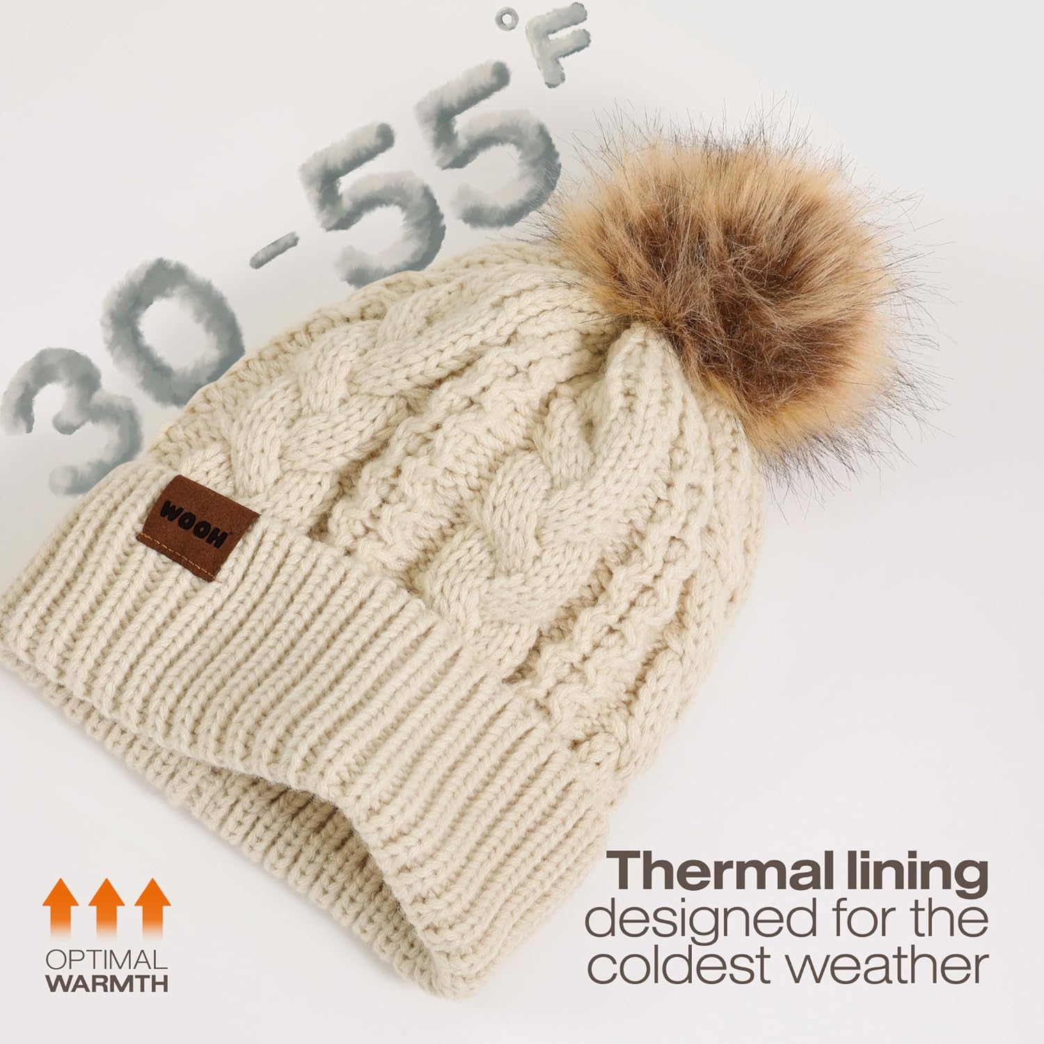 WOOH Womens Beanies for Winter,Knit Hat with Faux Fur Pom Pom Beanie for Women,Warm Fleece Lined,Less Static - Image 2