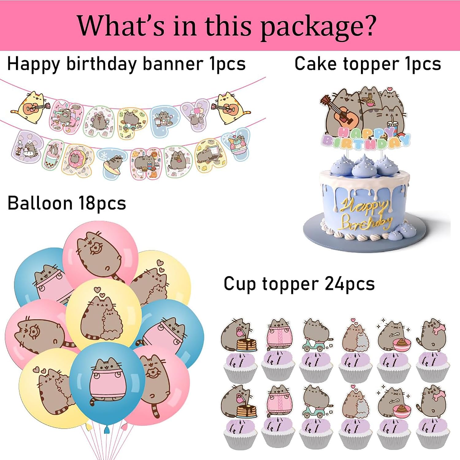 Adorable Cat Party Decorations Kit - Includes Banner, Balloons, Cake/Cupcake Toppers & Hanging Swirls, Perfect for Birthday, Graduation & Themed Pet Parties