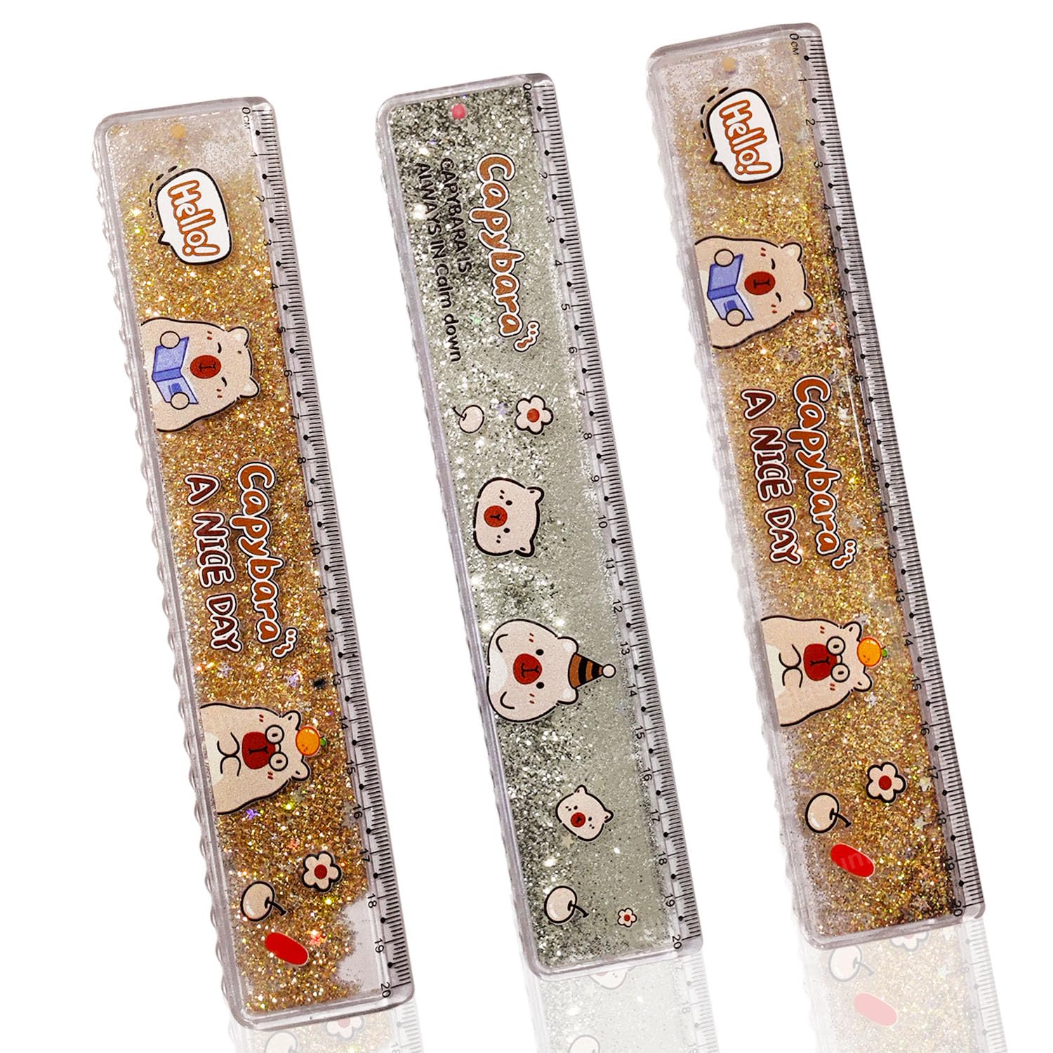 FunBlast Scale Ruler for Kids – Scale for Kids, Glitter Scales Ruler Set for Students, Stationary Gifts for Kid, Cute Kawaii Glitter Scales for School Stationery Items for Kid - 3 Pcs (Capybara)