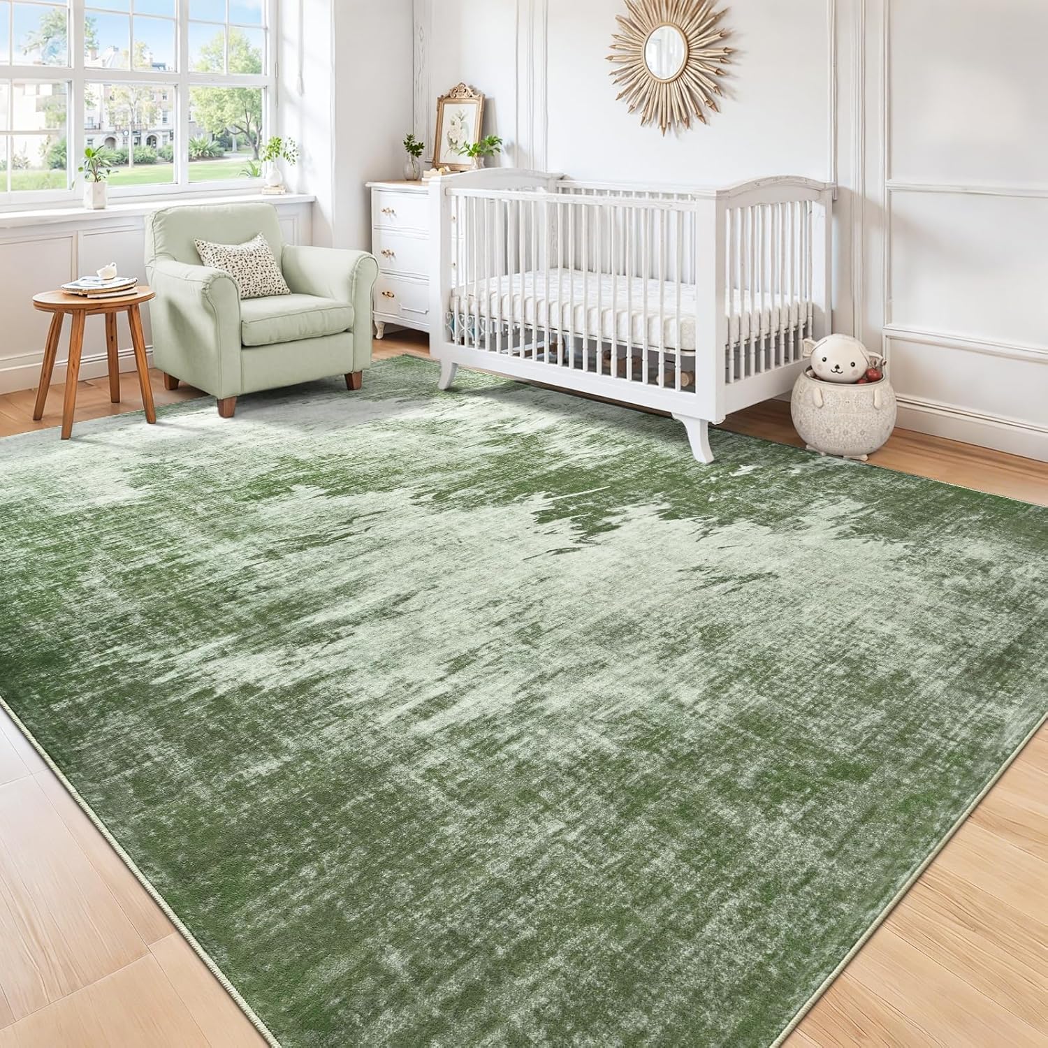 4x6 Area Rugs for Living Room, Washable Abstract Soft Bedroom Rug Non-Slip Low Pile Stain Resistant Indoor, Large Thin Modern Throw Carpet for Kitchen Farmhouse Nursery Office Home Decor, Green