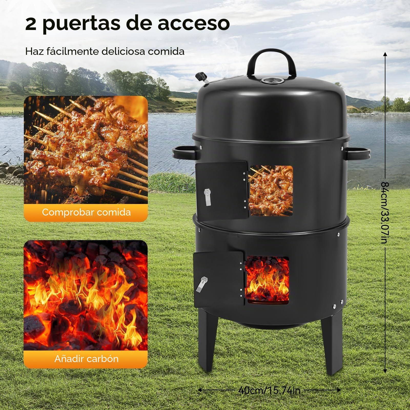 Horno para ahumar 3 en 1, barbacoa de carbón, parrilla para ahumar, con tapa y termómetro, parrilla de jardín, parrilla redonda, diámetro de 40 cm, 3 pisos
