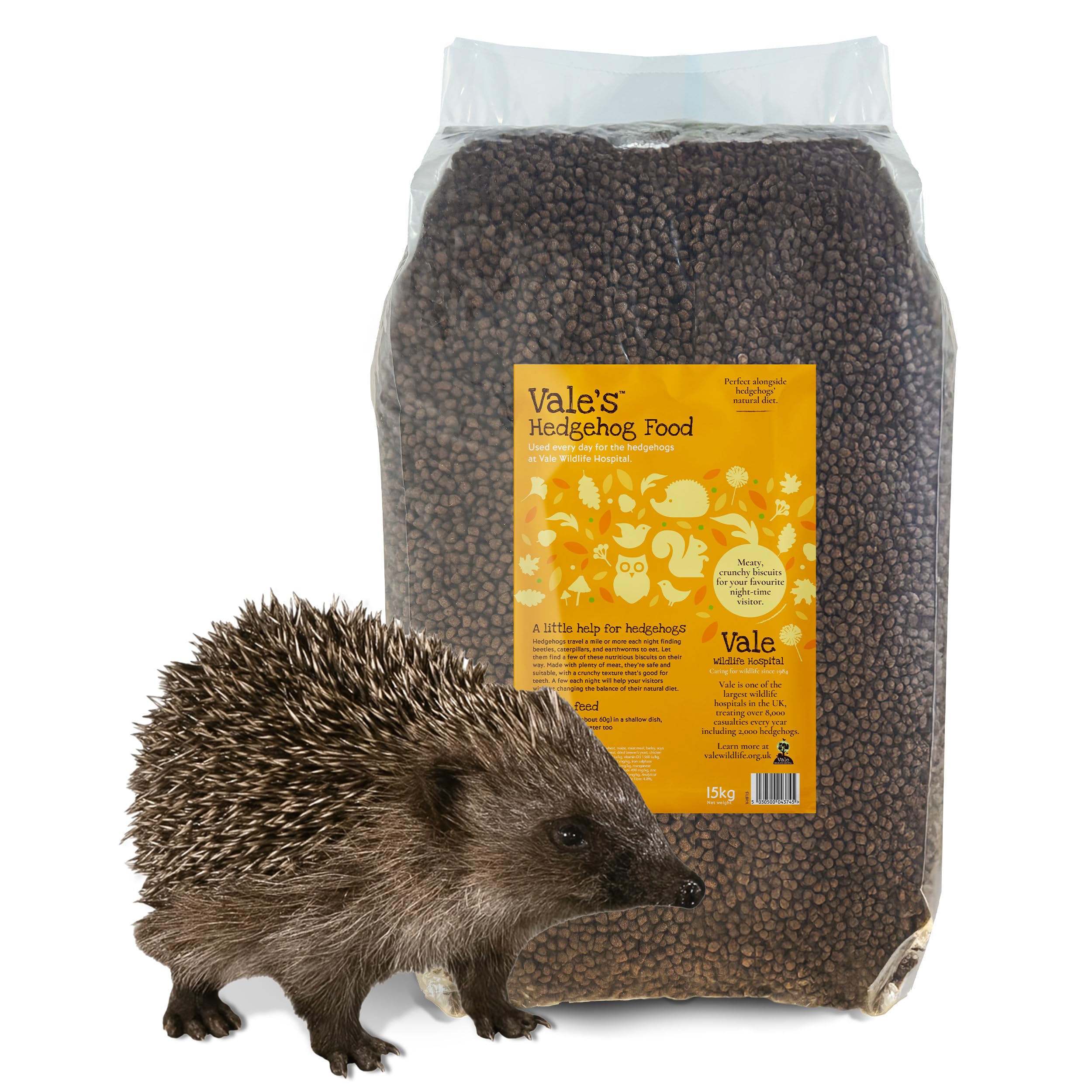 Vale’s™ Hedgehog Food – specially developed – used daily at Vale Wildlife Hospital – meaty, crunchy biscuits, high in fibre – suitable and nutritious – ideal addition to their natural diet (15kg)