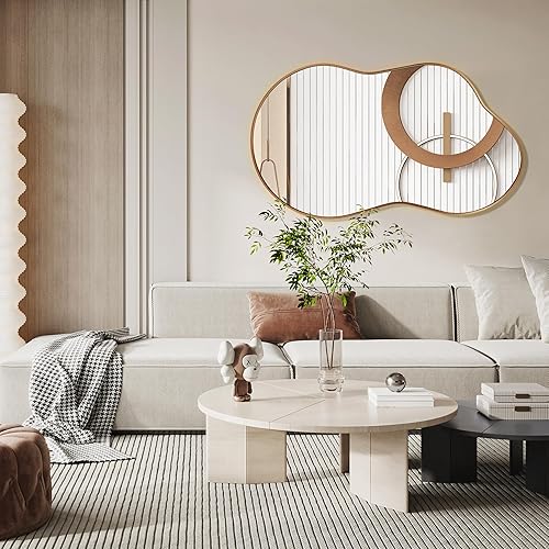 Miniatura 4 de Fahomiss Espejo de pared pequeño  Espejo de pared irregular de 26 x 46 pulgadas, espejo asimétrico dorado con marco de aleación de aluminio de