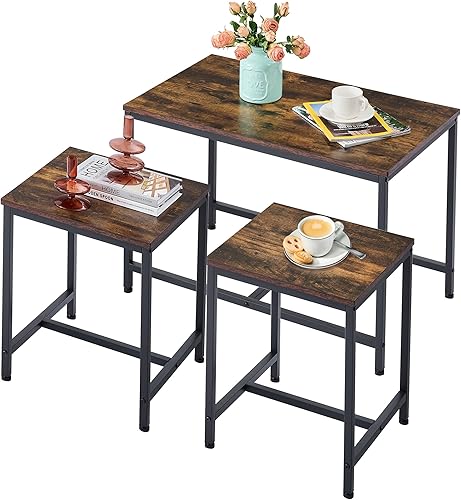 Hoctieon Juego de 3 mesas auxiliares, juego de mesa industrial para sala de estar, juego de mesa auxiliar pequeña y mesa auxiliar, mesa auxiliar con