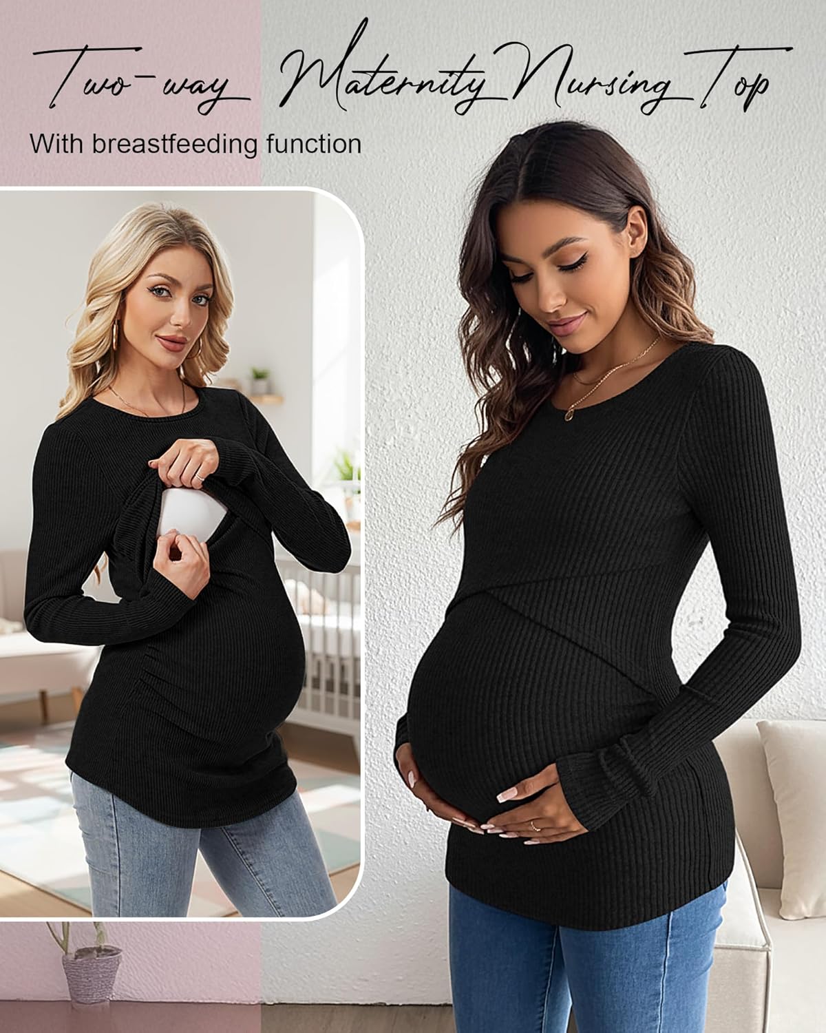 3 Pack Women Maternity Tops Long Sleeve Pregnancy Ribbed Knit Shirts Crew Neck Nursing Casual Breastfeeding Clothes - Image 4