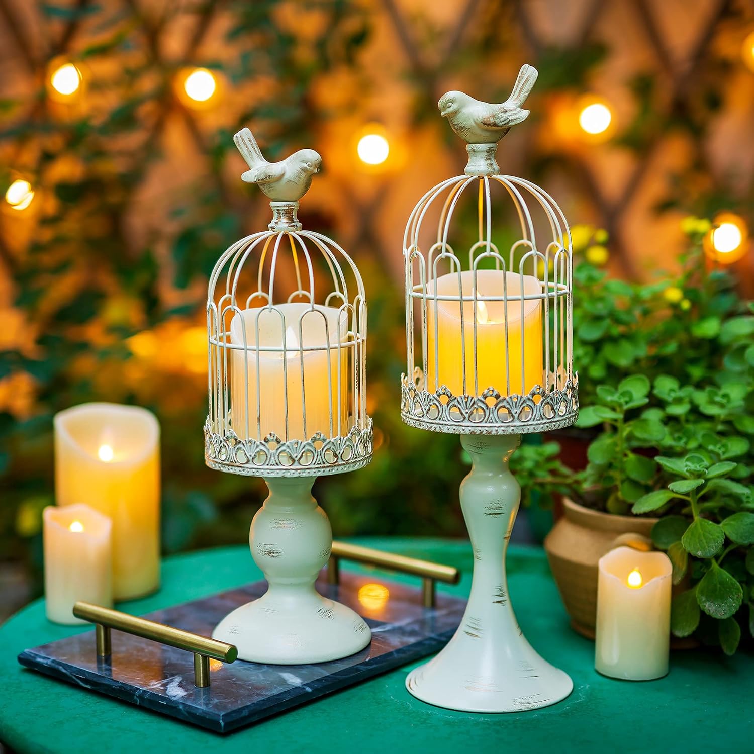Romadedi Decorative Candle Holder Bird Cage - Set of 2 Cage Lanterns for Candleholder Shabby Chic Country Home Decoration Table Centerpiece Mantel Decor, 13’’/16’’ Tall, Distressed Ivory