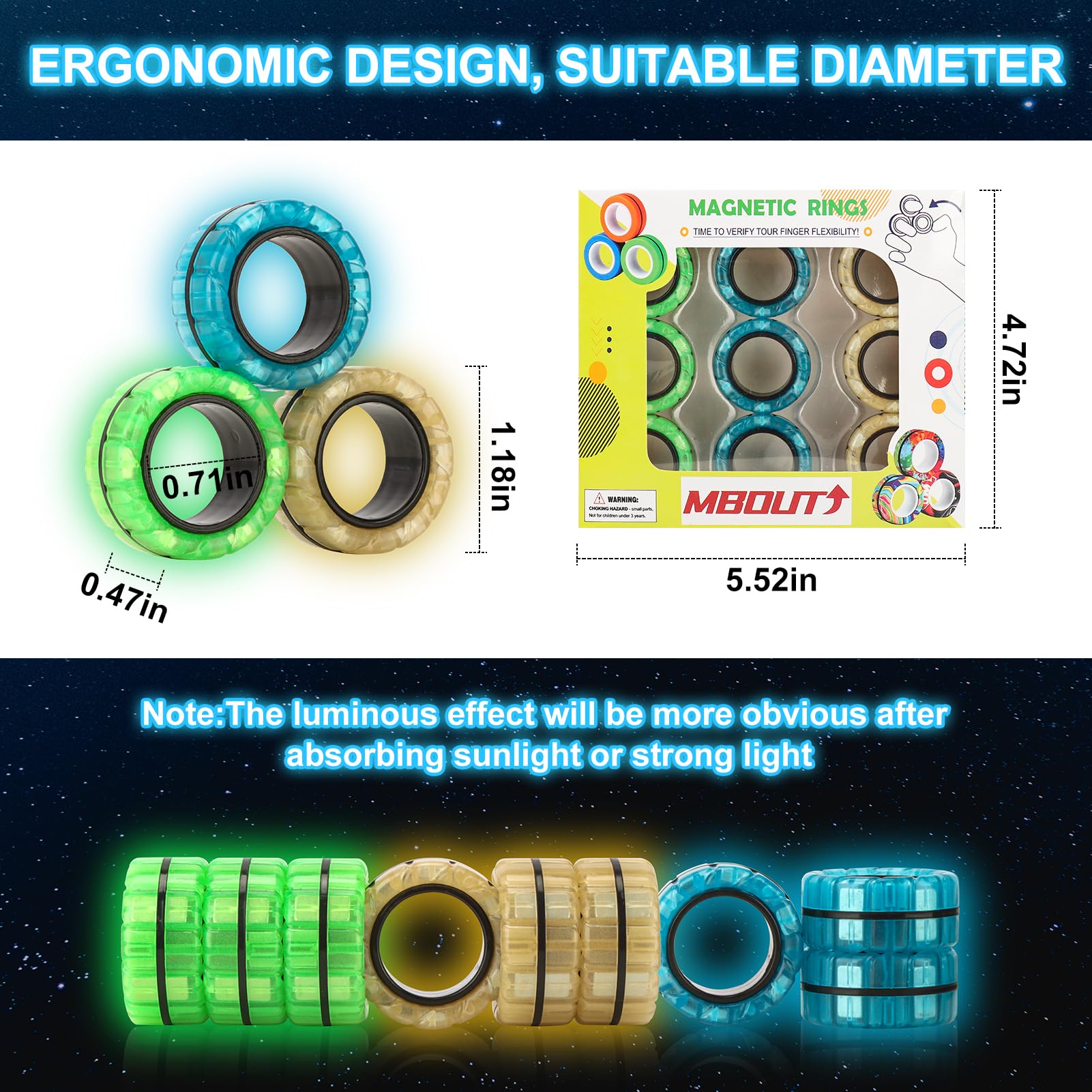 Magnetic Rings Finger Fidget Toys Set 9pcs Glow In Dark