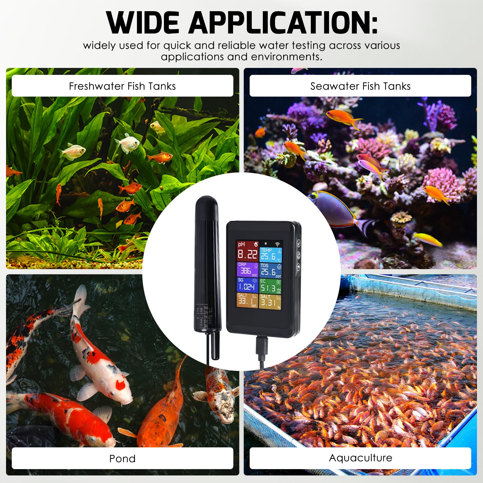 Inteligentne WLAN-pH-Messgerät, 8-in-1-Wasserqualitätstester for Hydroponik, Aquarian i Pools, misst pH, EC, TDS, Salzgehalt, ORP, SG i Temperatur dla App-Steuerung.