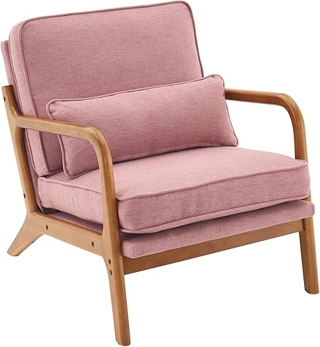 Miniatura 16 de SSLine Sillón tapizado moderno de tela de lino suave con almohada y marco de madera de roble, cómodo sofá individual con respaldo alto, silla de