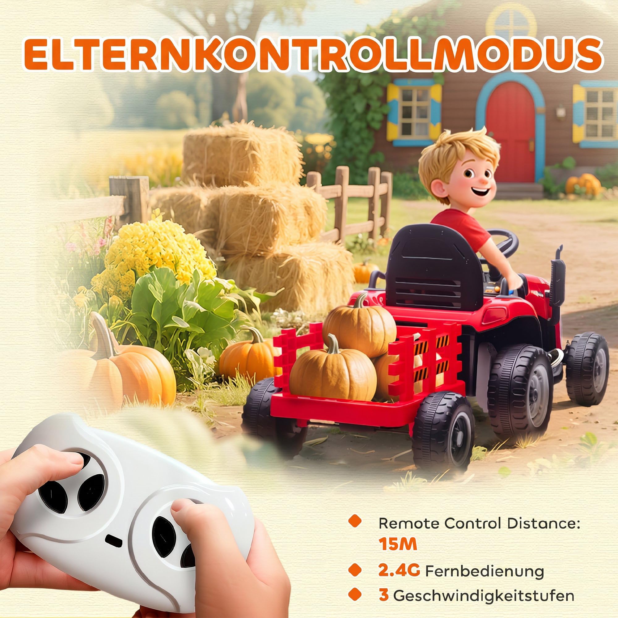 AIYAPLAY Elektryczny traktor dziecięcy z przyczepą, traktor z pilotem zdalnego sterowania, 2 silniki, 3-biegowy samochód elektryczny dla dzieci z muzyką, klakson, dźwięk rozruchu, delikatny start, 3-5