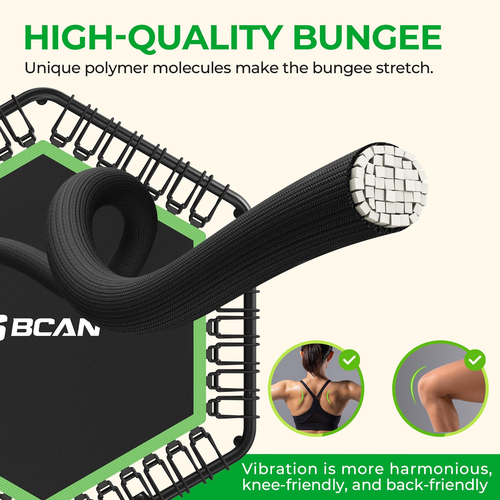 Trampolina wewnętrzna BCAN Fitness, średnica 102/122 cm, mini trampolina bungee/sprężynowa, odpowiednia dla osób dorosłych o wadze do 204/250 kg, z regulowanymi uchwytami, cicha i niskowibracyjna.