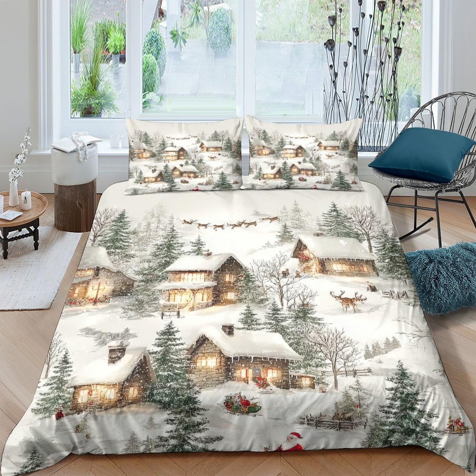 Ctjqhvkz Style-10 3D Printed Winter Cottage Fitted Sheet Microfiber Soft Christmas Village Bed Cover For Bedroom Guest Room Decor Single（135X200cm）