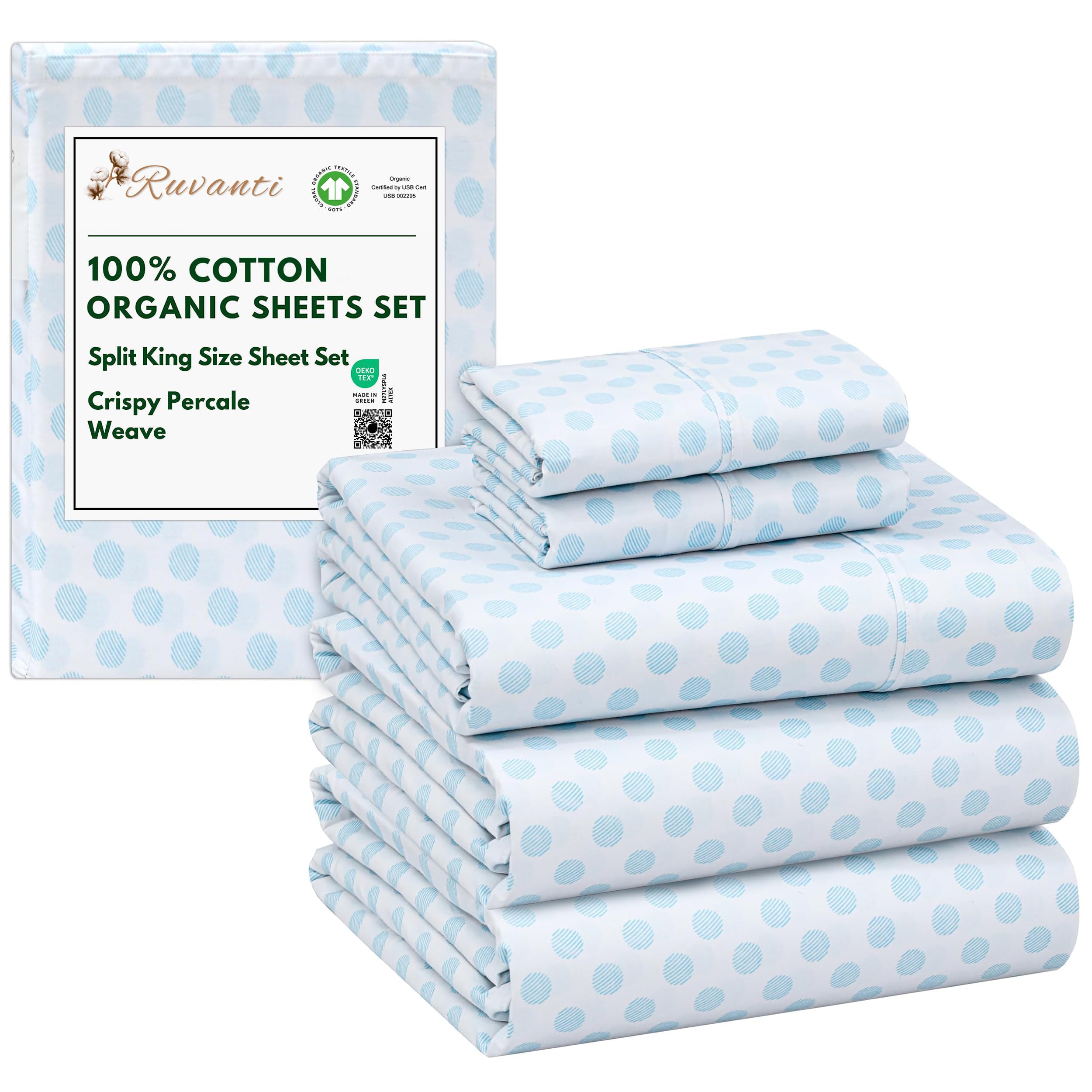 Ruvanti 100% Organic Cotton Sheets Split King, Percale Weave, GOTS Certified, 5-Piece Set, Deep Pocket 15", Crisp & Breathable, Soft Durable Bedding, Sábanas Algodón Orgánico – Circle Imprint — image 1