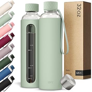 KIVY Glass Water Bottle with Silicone Sleeve 32 oz [WITH MEASUREMENT] - Borosilicate Glass Water Bottle Screw Top - Clear Bottles with Measurement Marking - Slim Waterbottle Aesthetic - Sage Green