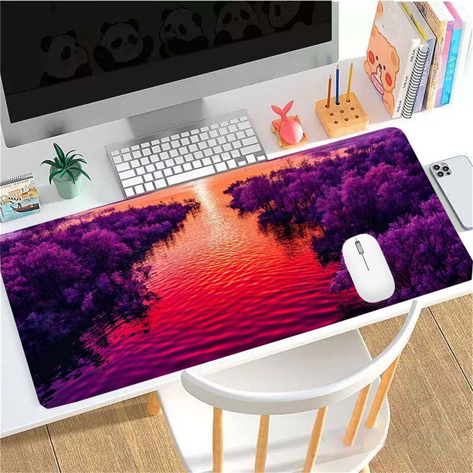 Alfombrilla Ratón Púrpura Lago Alfombrilla Ratón XXL 1400x600x3mm Mouse Pad Resiste Salpicaduras, Extendida de Gran Tamaño con Bordes Cosidos, Mejora la Precisión y la Velocidad, Antideslizante y-487