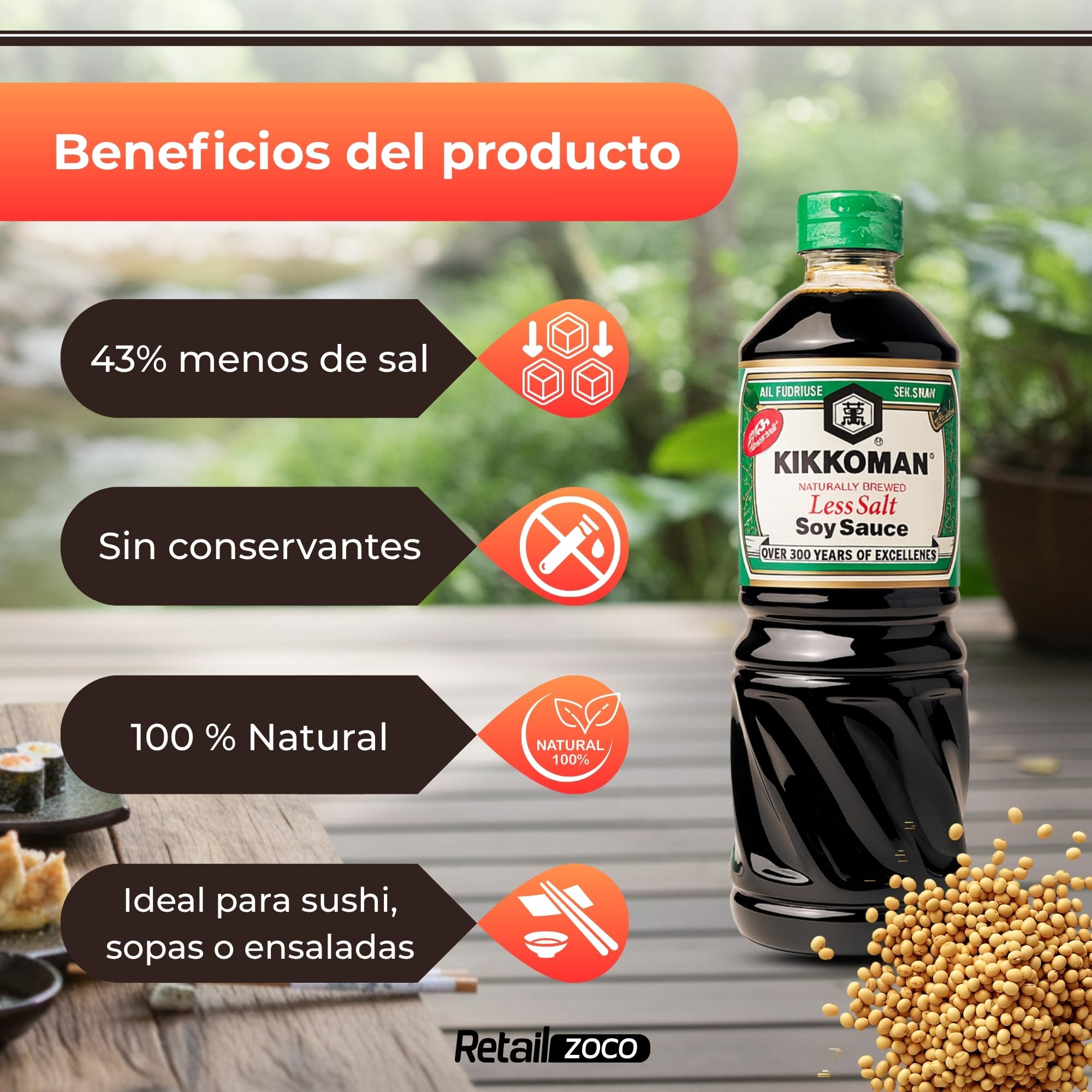 Salsa de Soja baja en sal, Salsa para Sushi, Soja Japonesa, ingredientes son 100% naturales sin aditivos ni conservantes, Para verduras, sopas, guisos, hacer salsas o aliñar las ensaladas, 975 ml