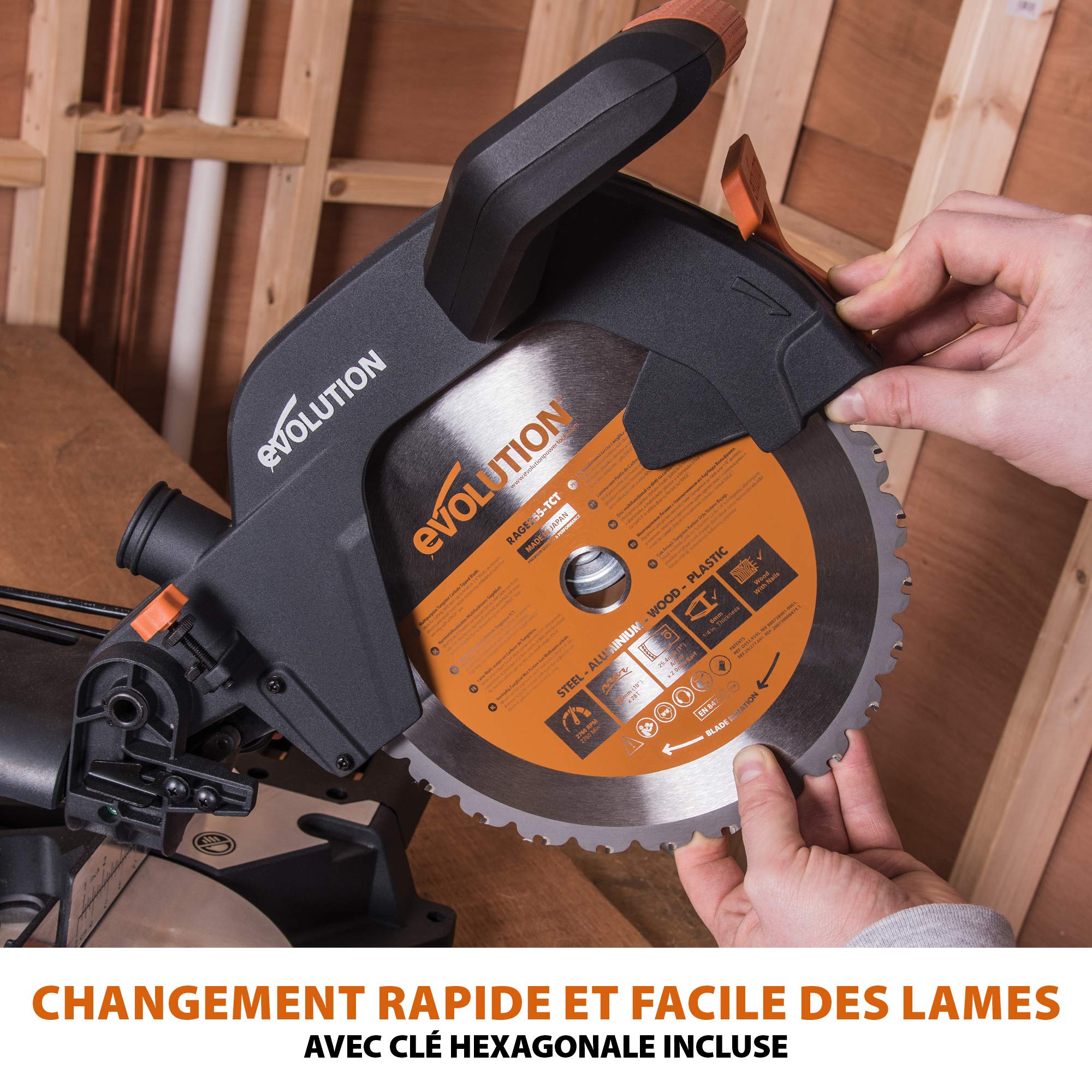 Evolution Power Tools Scie à Onglet Coulissante avec des Caractéristiques PLUS - 0-45˚ Biseau, 50-50˚ Onglet - Coupe Multi-Matériaux - Le Bois, Le Plastique, Le Métal Lame Incluse 255mm - R255SMS+