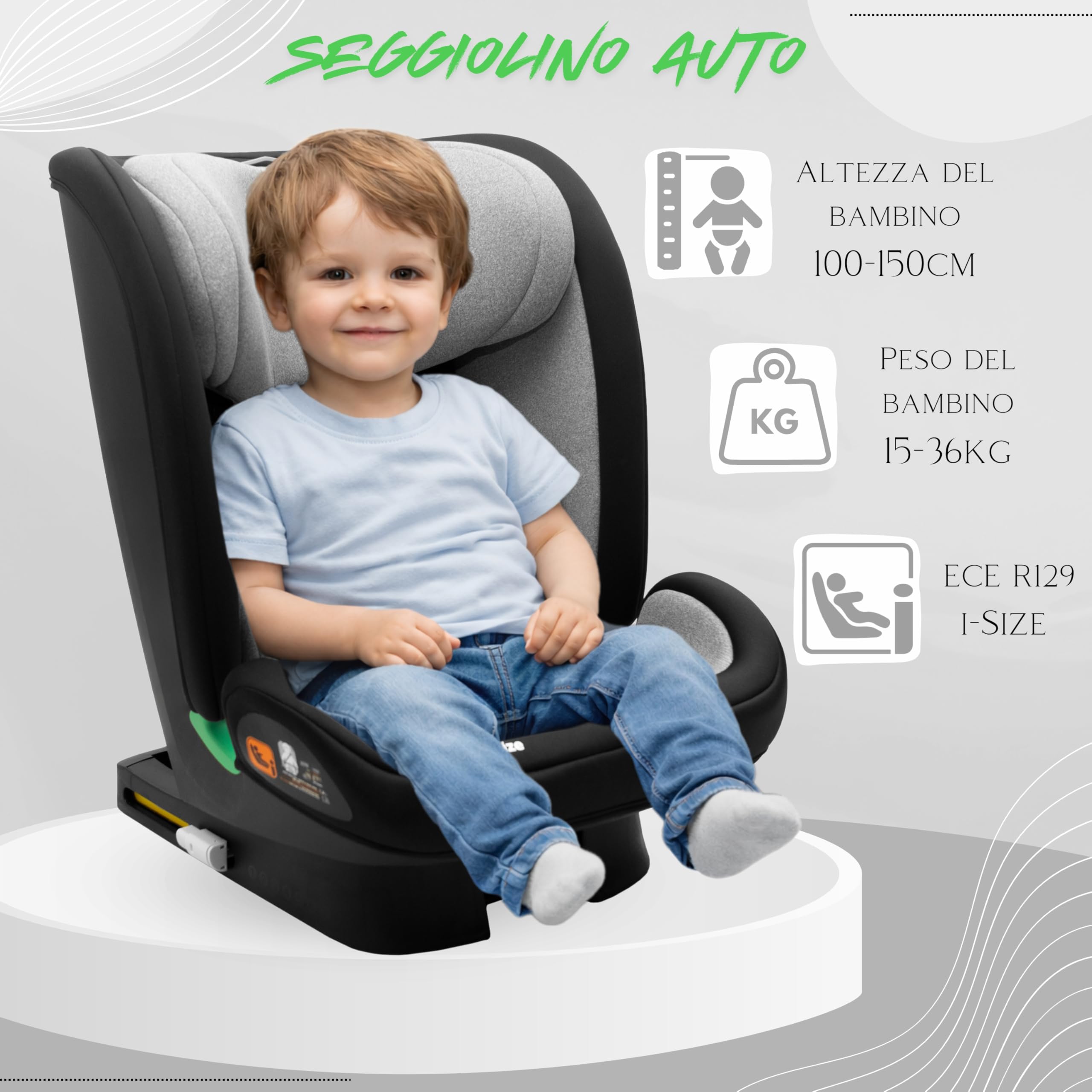 KidsZone Seggiolino Auto 15-36 kg Isofix 100-150cm i-Size ECE R129 - Seggiolino Auto Gruppo 2-3 (4-12 anni) - Reclinabile in 7 Posizioni, Poggiatesta Regolabile 9 Posizioni, Rivestimento Removibile - 2