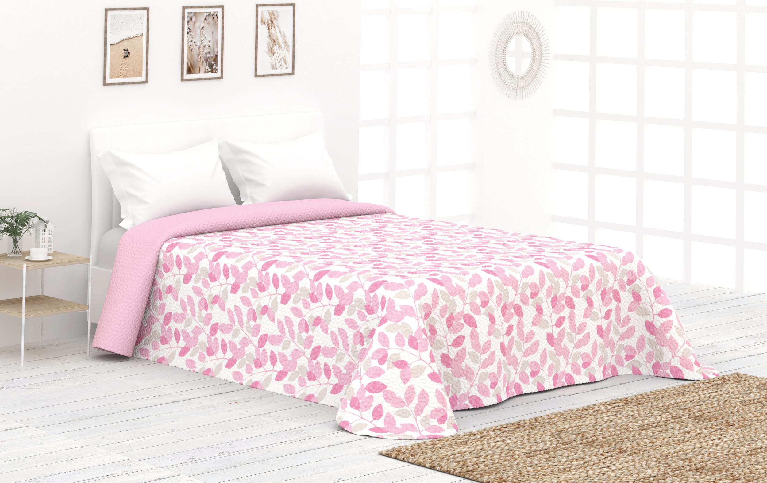 Victorio & Lucchino Colcha Fina de Verano y Primavera Sin Cojines. Ligera Colcha cubrecama de Microfibra. (Cama 135 cm, Hojas - Rosa)