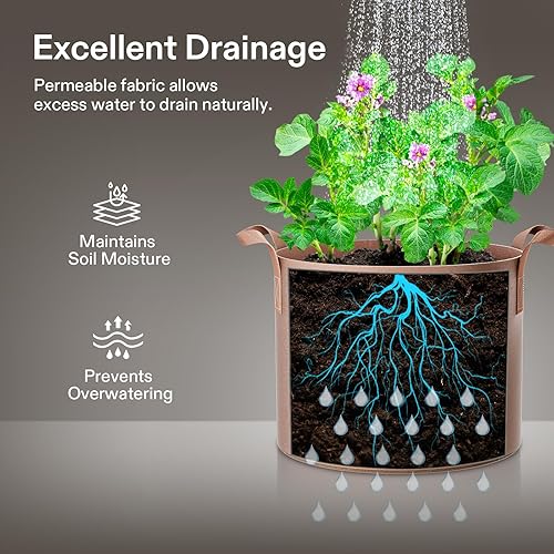 Miniatura 5 de VIVOSUN - Paquete de 5 bolsas de cultivo resistentes, vasijas en tela no tejida gruesa con asas de correa, color marrón.