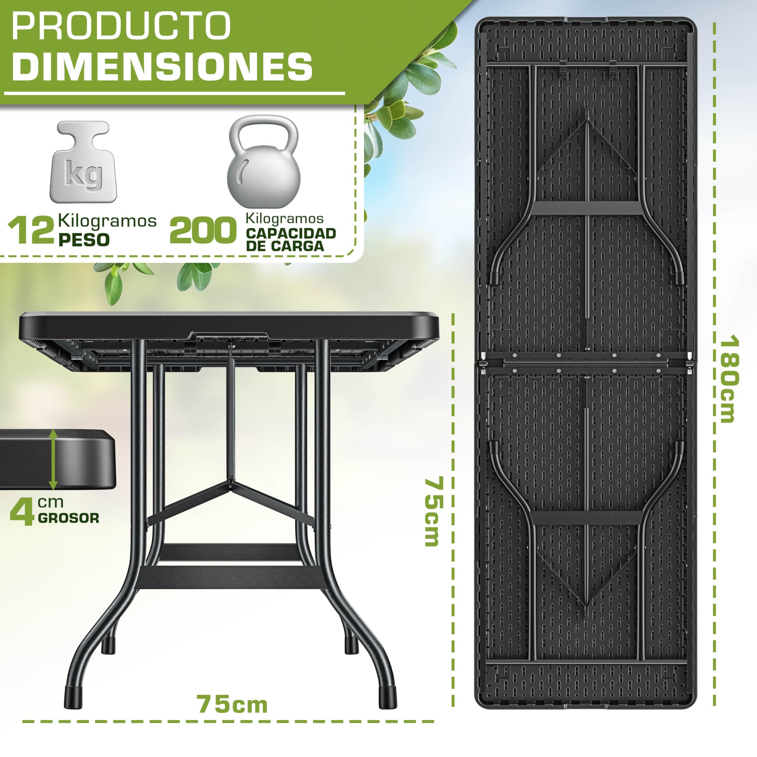 tillvex Mesa de jardín plegable de plástico de 180 x 75 cm, mesa de buffet con asa, mesa plegable para jardín, terraza y balcón, mesa de camping para 8 personas
