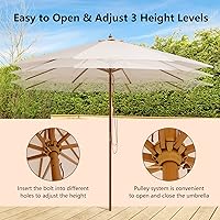 Vista 4 de HAPPYGRILL Sombrilla de madera para patio de 10 pies con polea de cuerda, 8 varillas de bambú, 3 alturas ajustables, techo ventilado, sombrilla