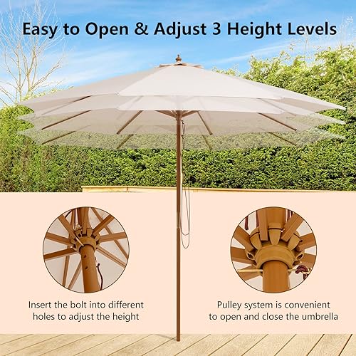 Miniatura 4 de HAPPYGRILL Sombrilla de madera para patio de 10 pies con polea de cuerda, 8 varillas de bambú, 3 alturas ajustables, techo ventilado, sombrilla de