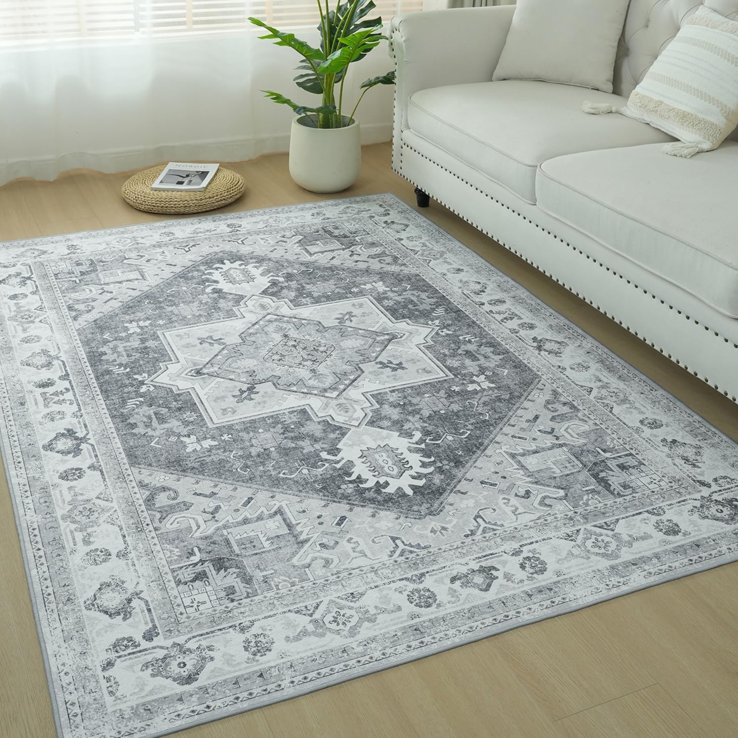 8x10 Triabl Rugs Machine Washable Distressed Grey Area Rug with Non Slip Backing for Living Room, Bedroom, Bathroom, Kitchen,Vintage Printed Boho Rug Carpets Distressed Grey 8' x 10'