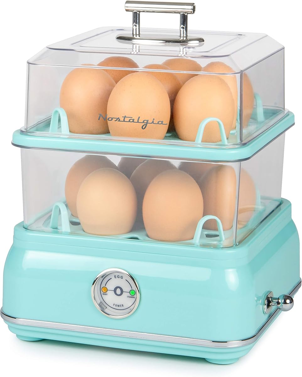 Nostalgia CLEC14AQ Retro Premium Olla eléctrica grande para huevos duros, escalfados, revueltos, tortillas, claras, sándwiches, para dietas cetogénicas y bajas en carbohidratos, 14 capacidades, Aqua