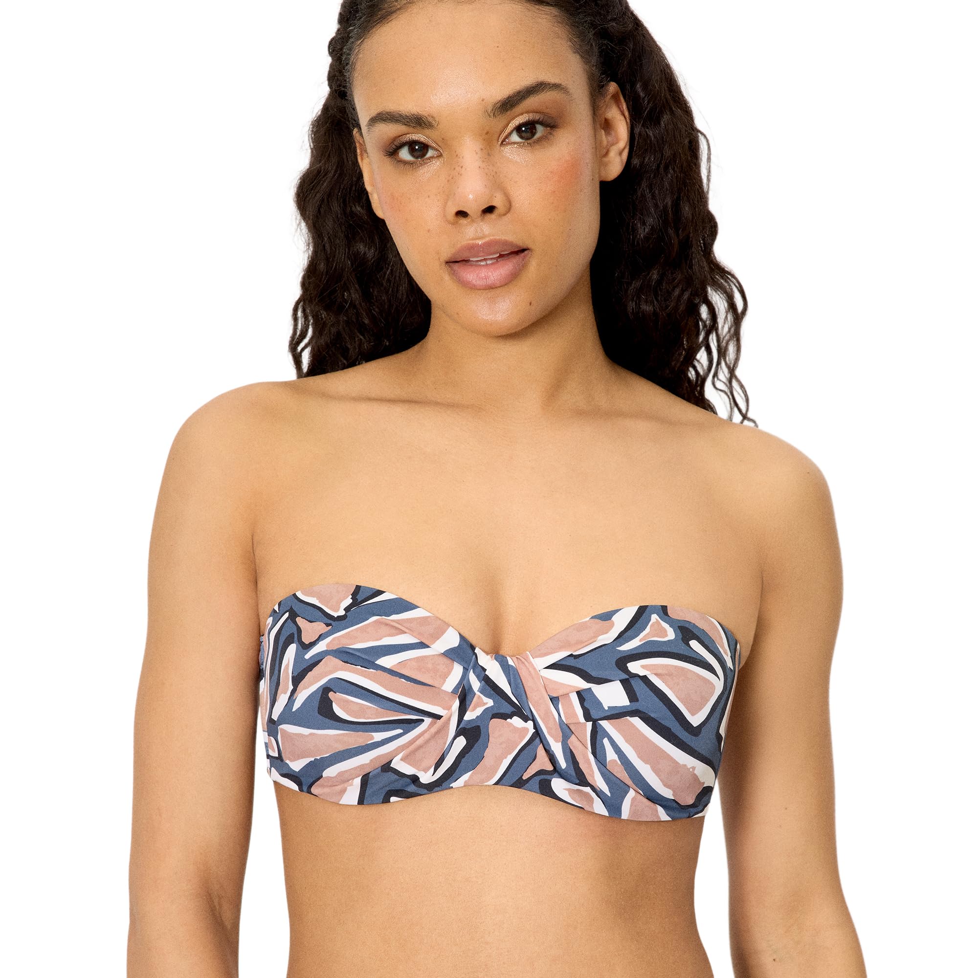 YSABEL MORA. Top Bikini Bandeau Estampado Copas C y D. con Aro Y Relleno. Tirantes Desmontables Anudados Al Cuello. Colección Beach.