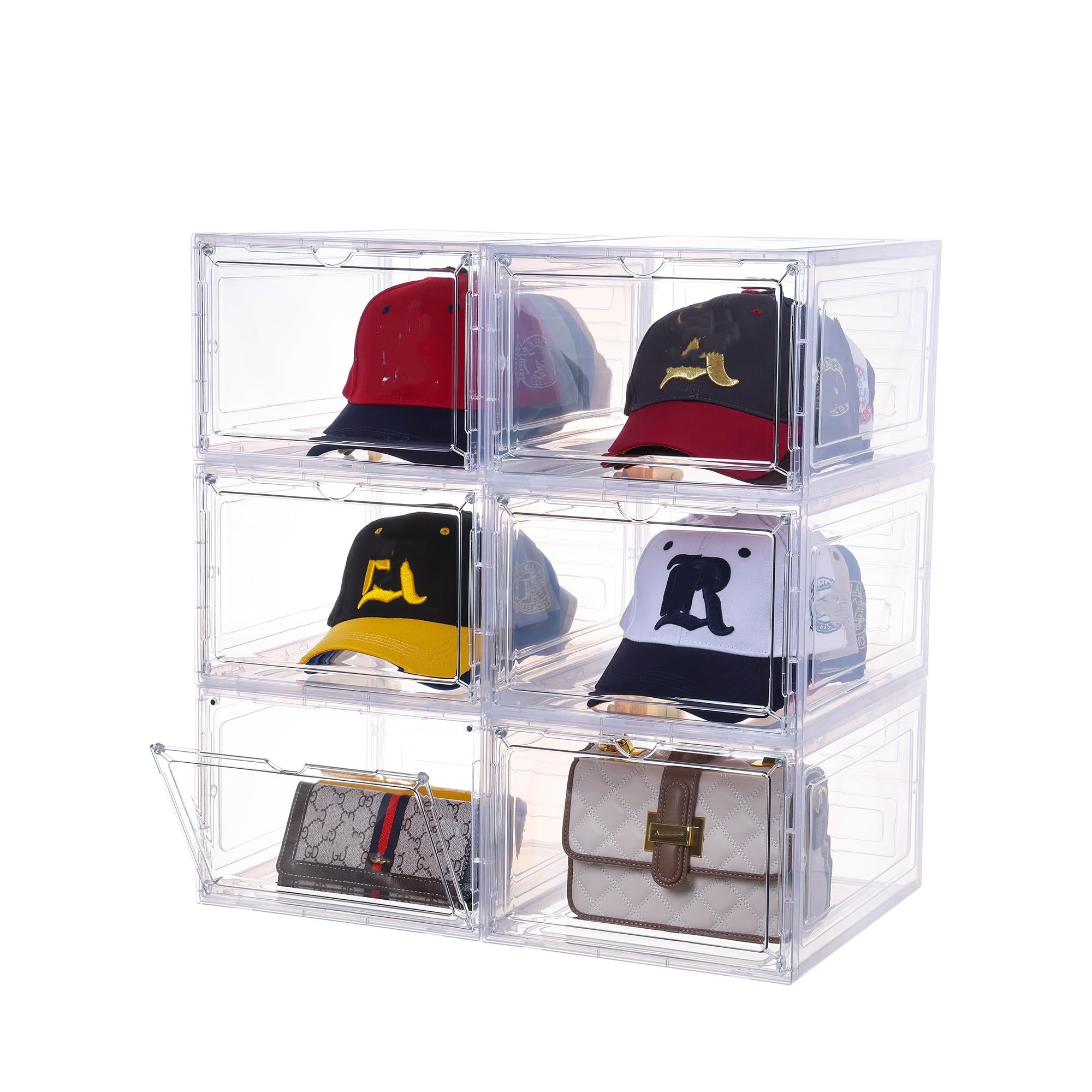 Hat Organizer for Baseball Caps,set of 6, Transparent Storage Box Hat Holder With Clear Magnetic Door, Stackable Rack, Easy to Assemble Stylish Display(13.5 "x 10.6" x 7.5 ")