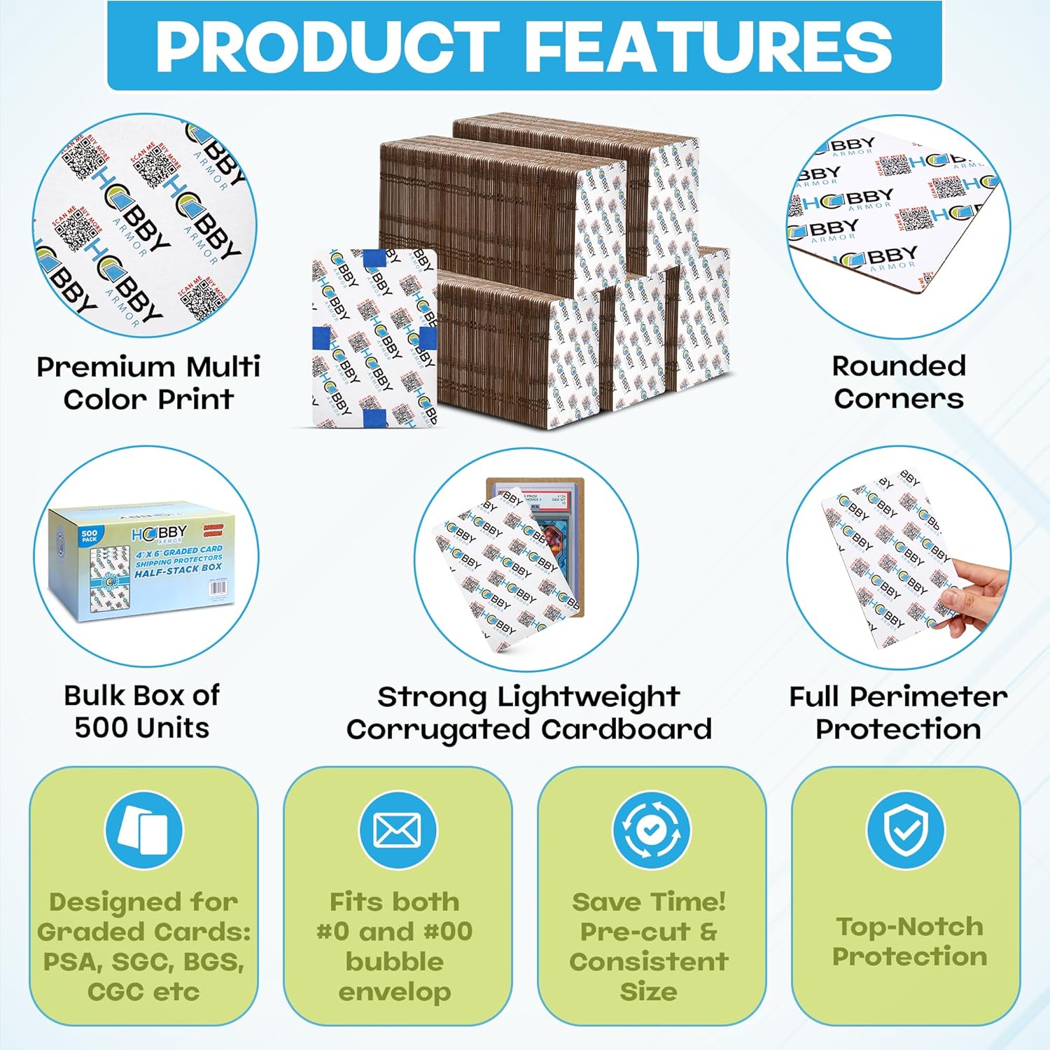 500 Pack Graded Trading Card Shipping Protector by Hobby Armor, 4" x 6" with Rounded Corners, Vibrant Multi-Color Card Protector to Guard Cards from Dings, Premium Cardboard Slab Shipping Supplies