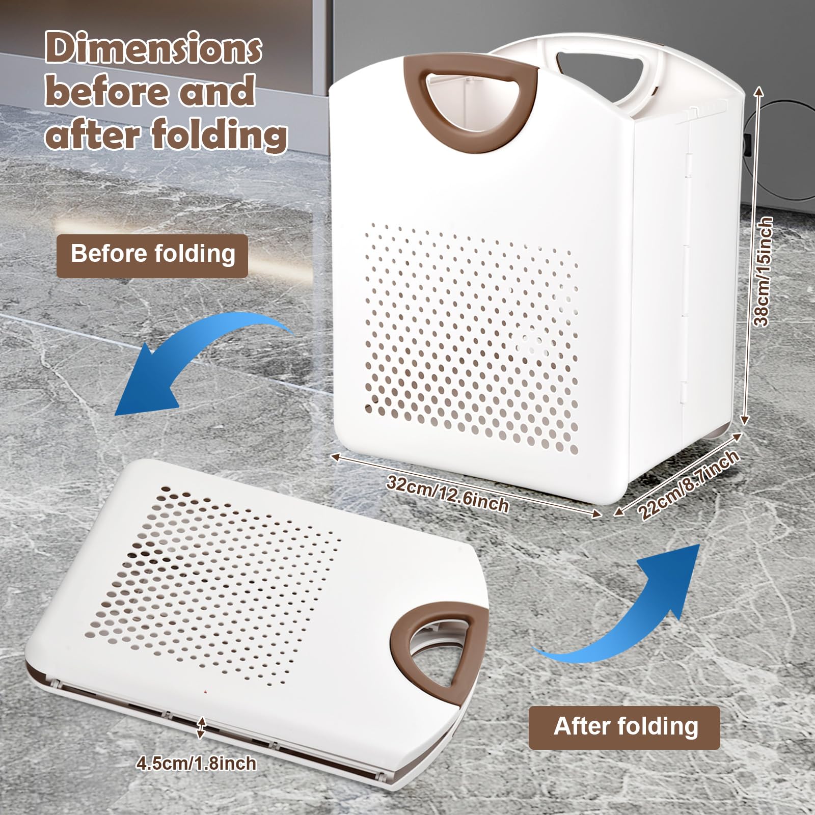 Panier à Linge Pliable Mural - 27L, Blanc - Économiseur D'espace Pour Salle De Bain Ou Chambre - Poignées En Bambou - Design Aéré