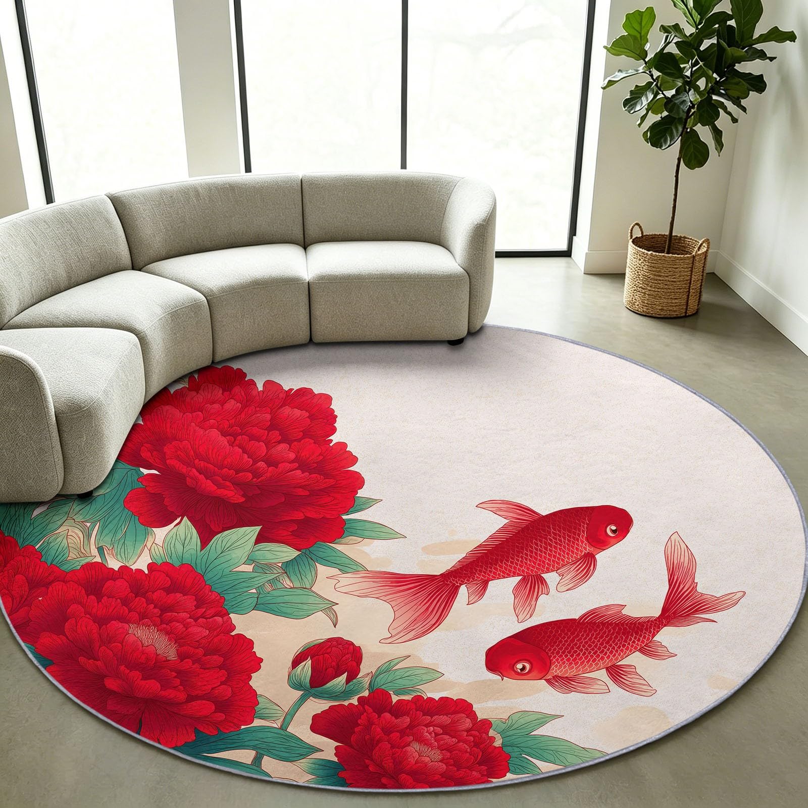 Tappeto rotondo lavabile, 60 cm, tradizionale, orientale, morbido, con stampa floreale, koi a pelo corto, antiscivolo, per ingresso, soggiorno, camera da letto, accanto al divano e all'ufficio (bianco